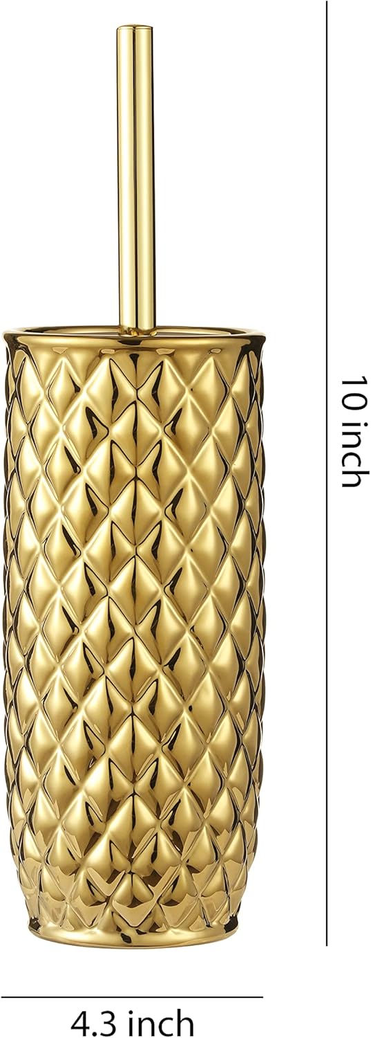 Bathroom Accessories Ceramic Toilet Brush Set - Toilet Bowl Brush and Holder (Pineapple Pattern, Gold)