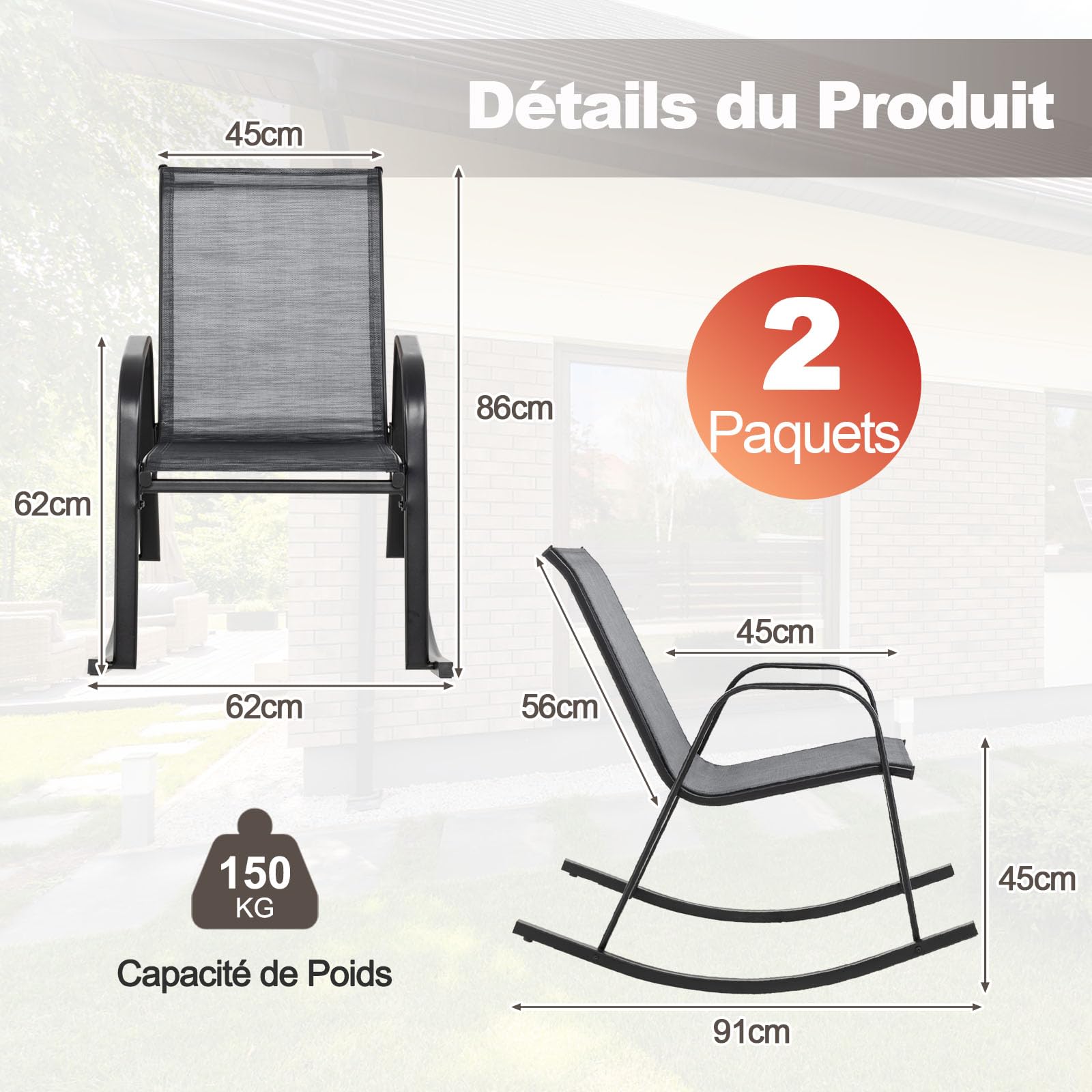 GOPLUS Lot de 2 Fauteuil Jardin Exterieur à Bascule en Textilène, 62 x 91 x 86 CM, Rocking Chair Cadre Métal avec Dossier Incurvé et Accoudoir Ergonomique, Charge de 150 KG, pour Jardin, Balcon (Gris)
