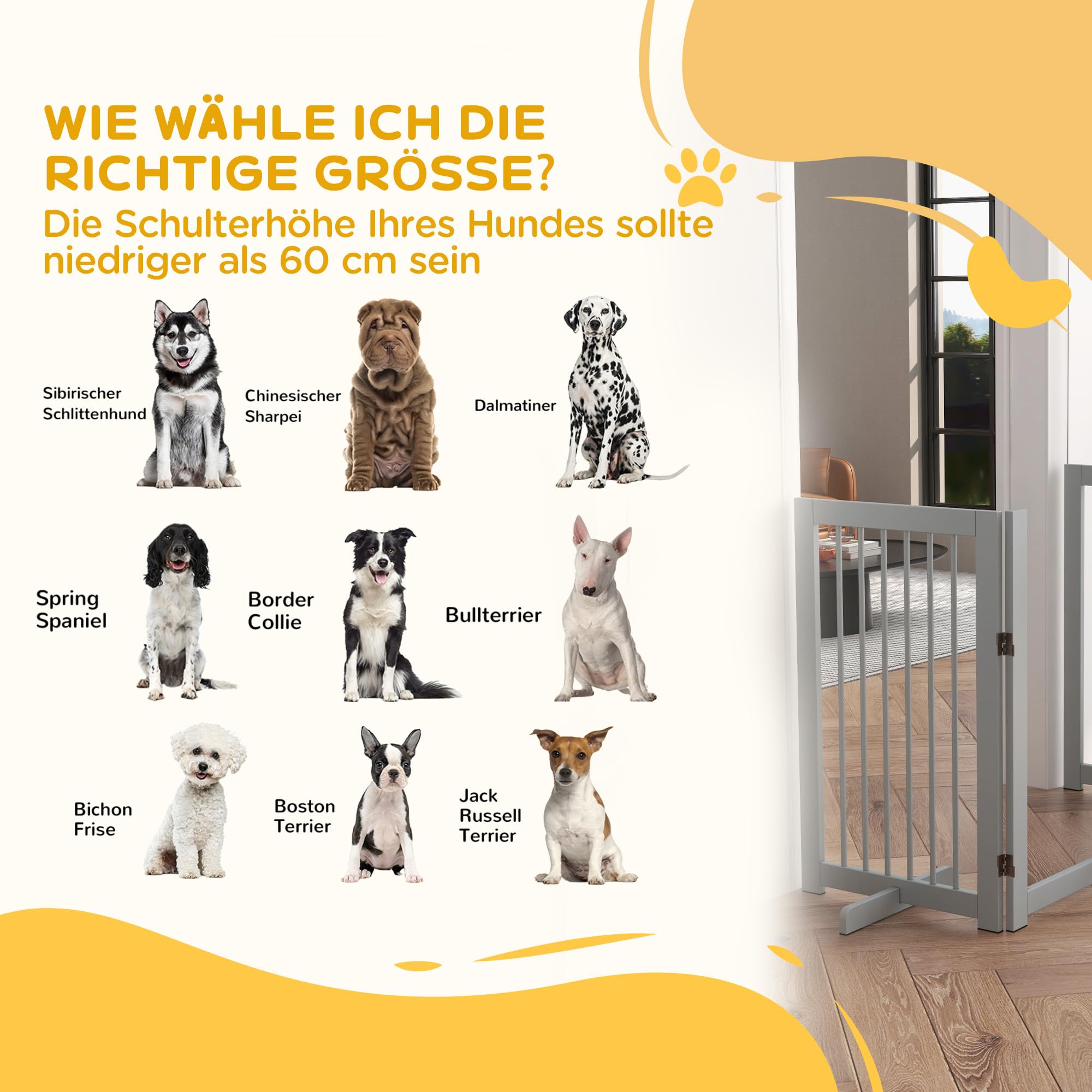 PawHut Barrera para Perros de 4 Piezas, 220 x 91 cm Puerta de Seguridad Plegable con Puerta, Puerta para Perros Independiente con 2 Patas de Apoyo, Puerta de Madera para Pasillo, Cocina, escaleras,