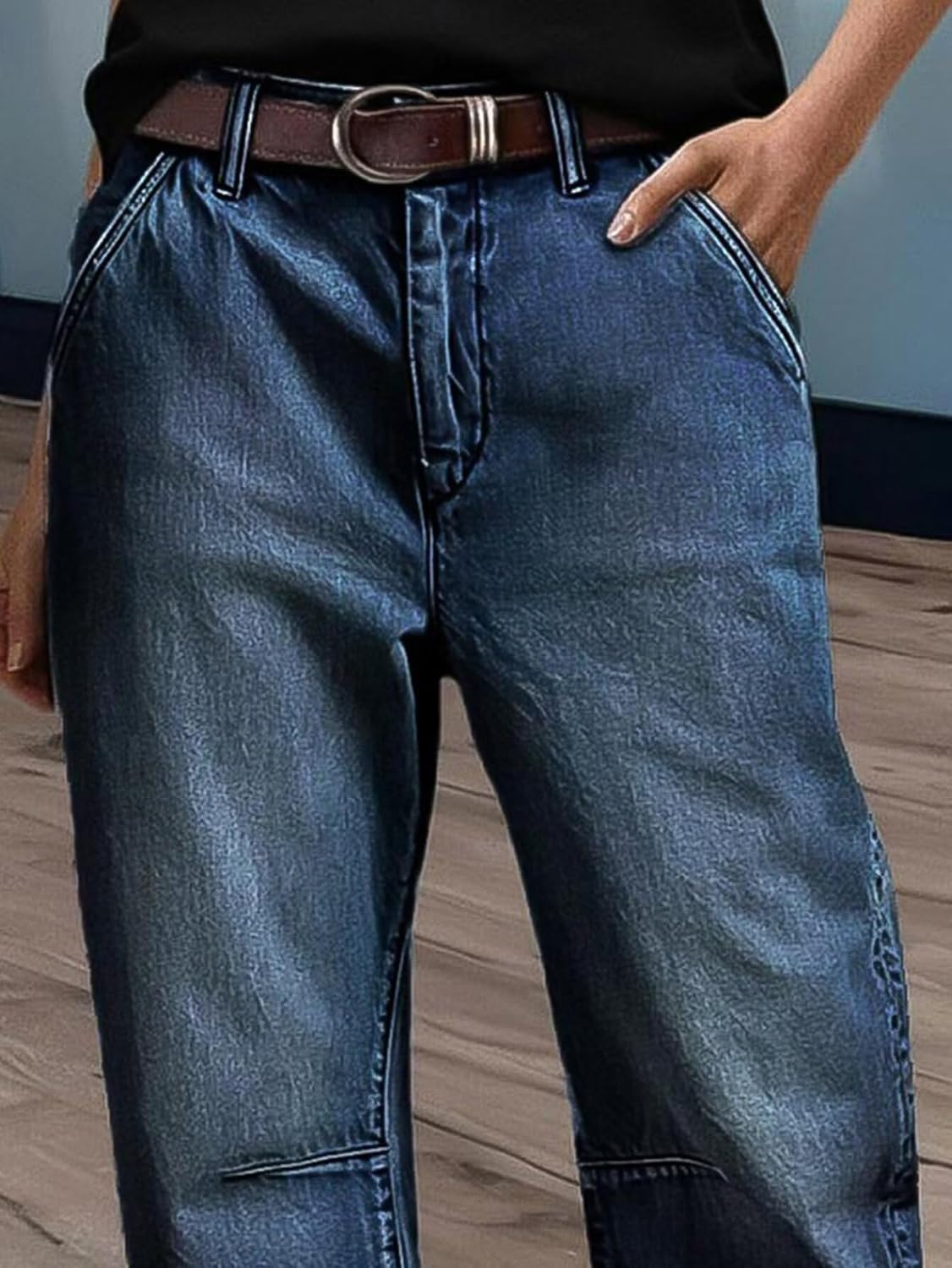 Flamingals Straight Leg Jeans for Women Mid Rise Barrel Cropped Casual Wash Stitch Detail Denim Jeans Without Belt - Image 5