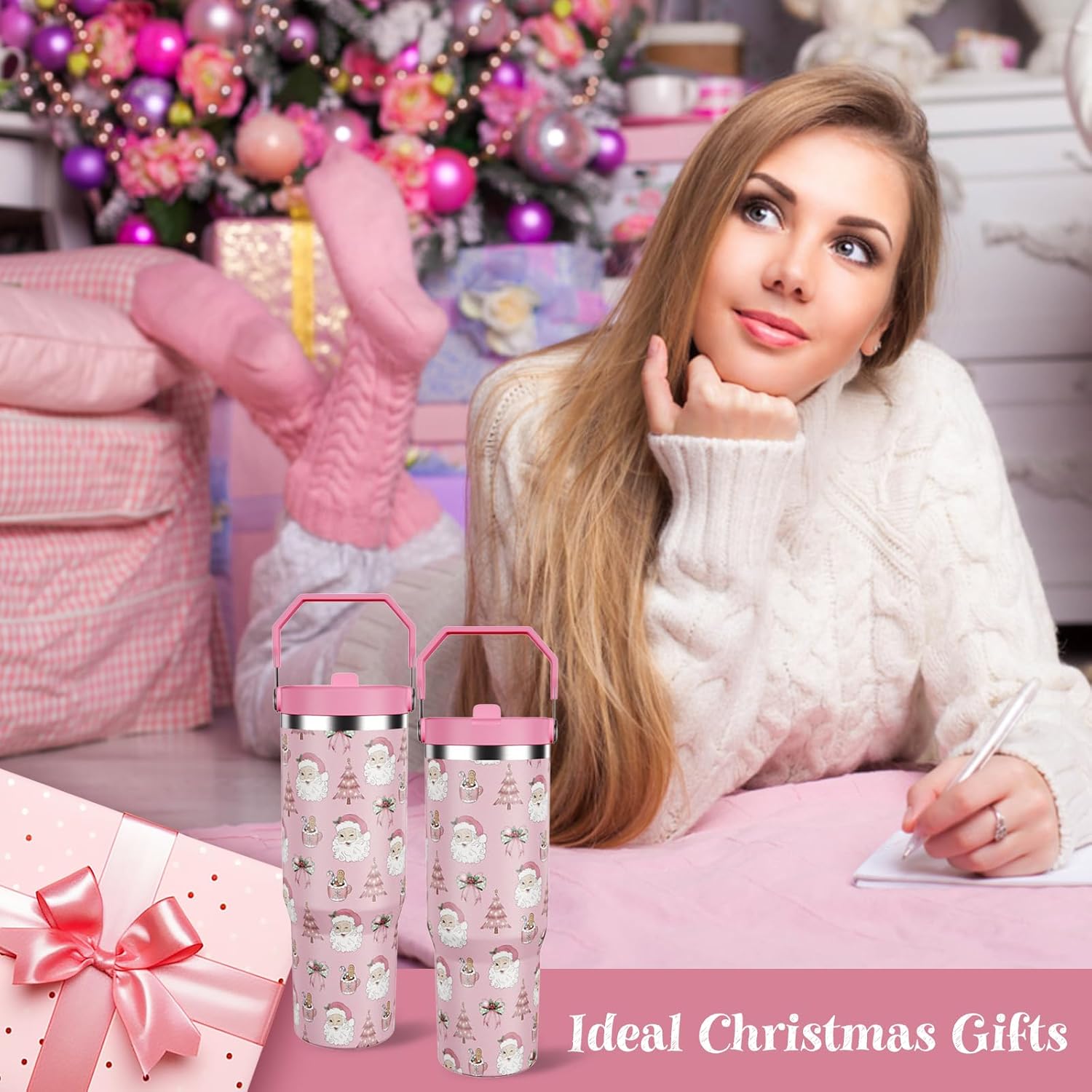 30 oz Christmas Tumbler with Lid and Straw, Santa Tumbler Insulated Coffee Travel Mugs Cup Water Bottle Cute Christmas Gifts for Women Girls - Image 4