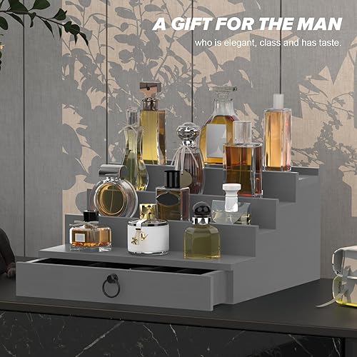 Vista 16 de Organizador de colonia para hombres, organizador de perfumes de madera negra de 4 niveles con cajón de forro de fieltro y compartimento oculto