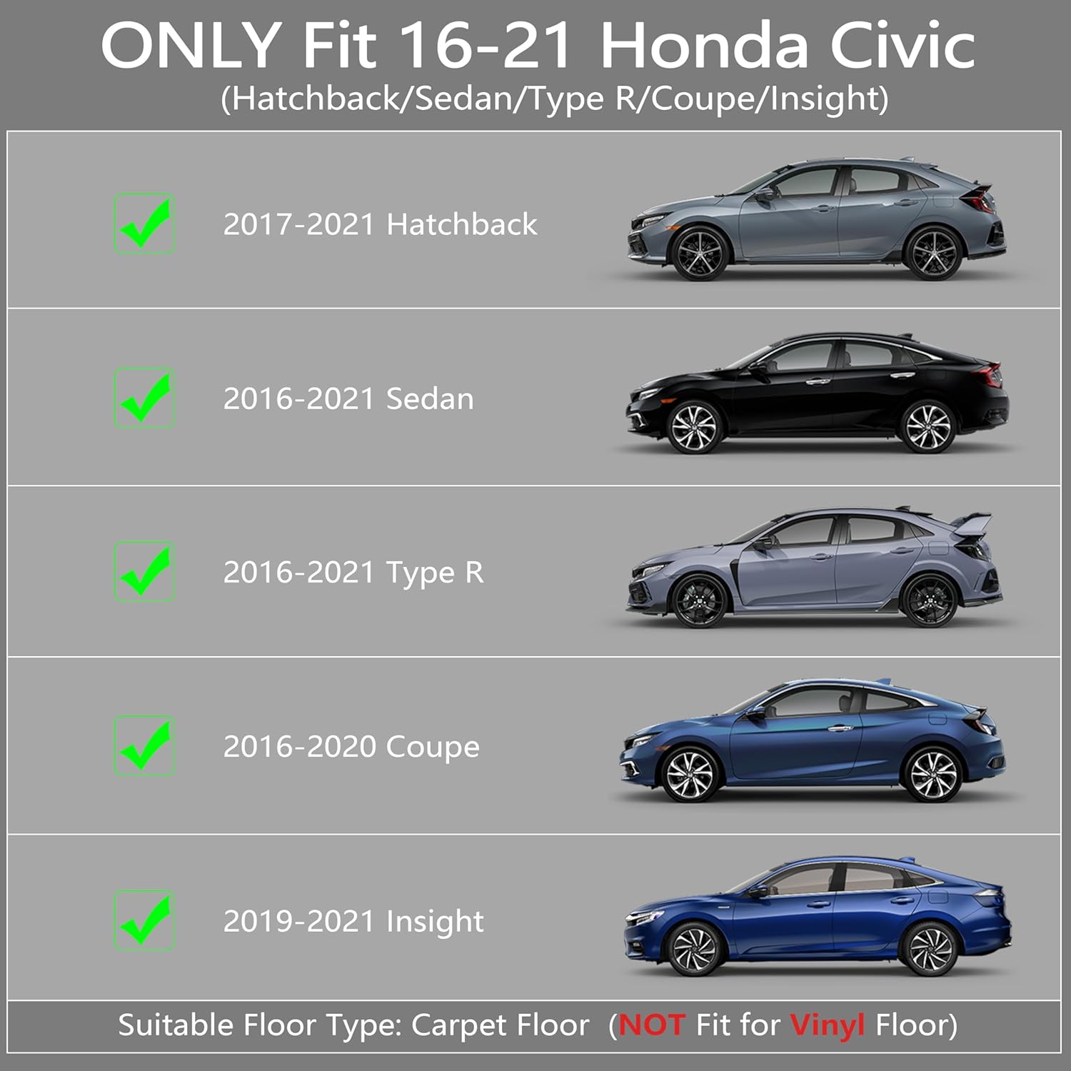KARPAL Floor Mats for Honda Civic 2016-2021 Coupe/Sedan/Type R/Insight, 2017-2021 Honda Civic Hatchback, All Weather Protection TPE Floor Liners Accessories Car Mats, Front & 2nd Row