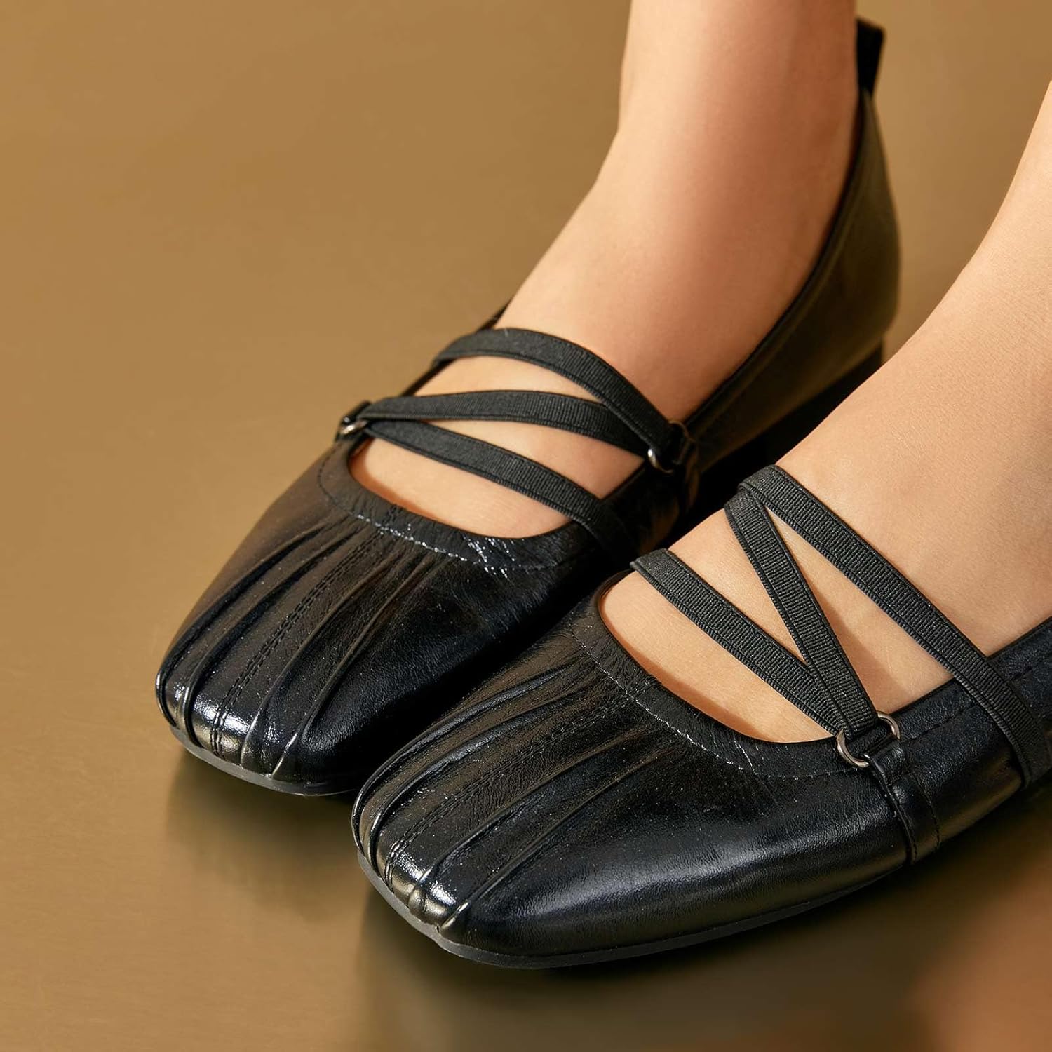 BEAU TODAY Womens Mary Janes, Genuine Leather Maryjane Flats for Women, Comfortable Ballet Flats with Adjustable Strap, Casual Square Toe Slip On Dressy Flat Shoes