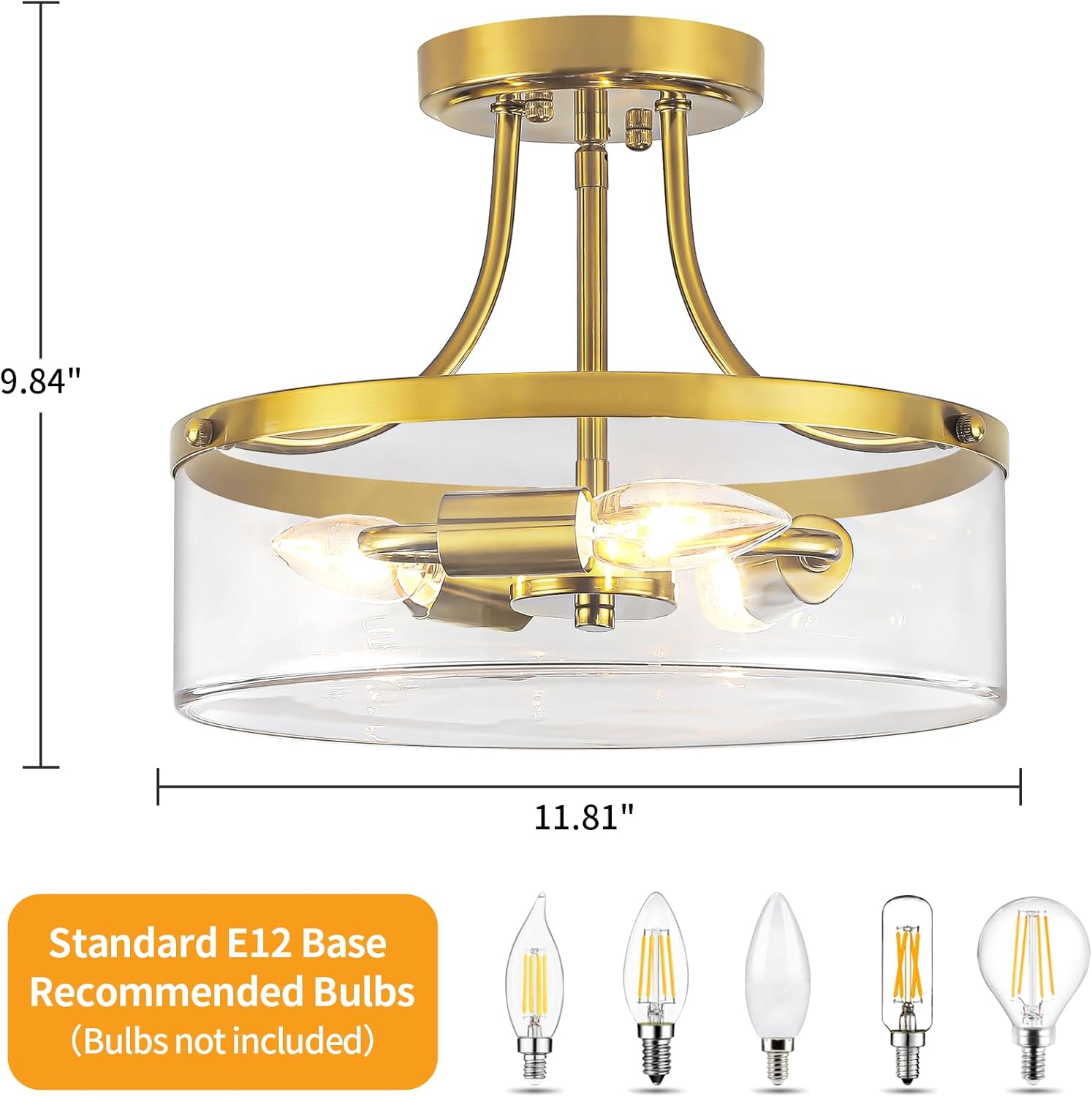 Brushed Gold Semi Flush Mount Ceiling Light, 11.81" Kitchen Lighting Fixtures Ceiling with Glass Shade, 3-Light Modern Hallway Light Fixtures for Entryway Bedroom Bathroom Foyer Laundry Dining Room