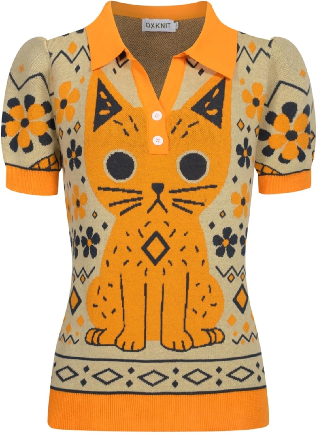 OXKNIT Women's Knit Polo Shirts Short Sleeve, 1960s Vintage Cat Pattern Orange Casual V-Neck Tops with Quarter Button