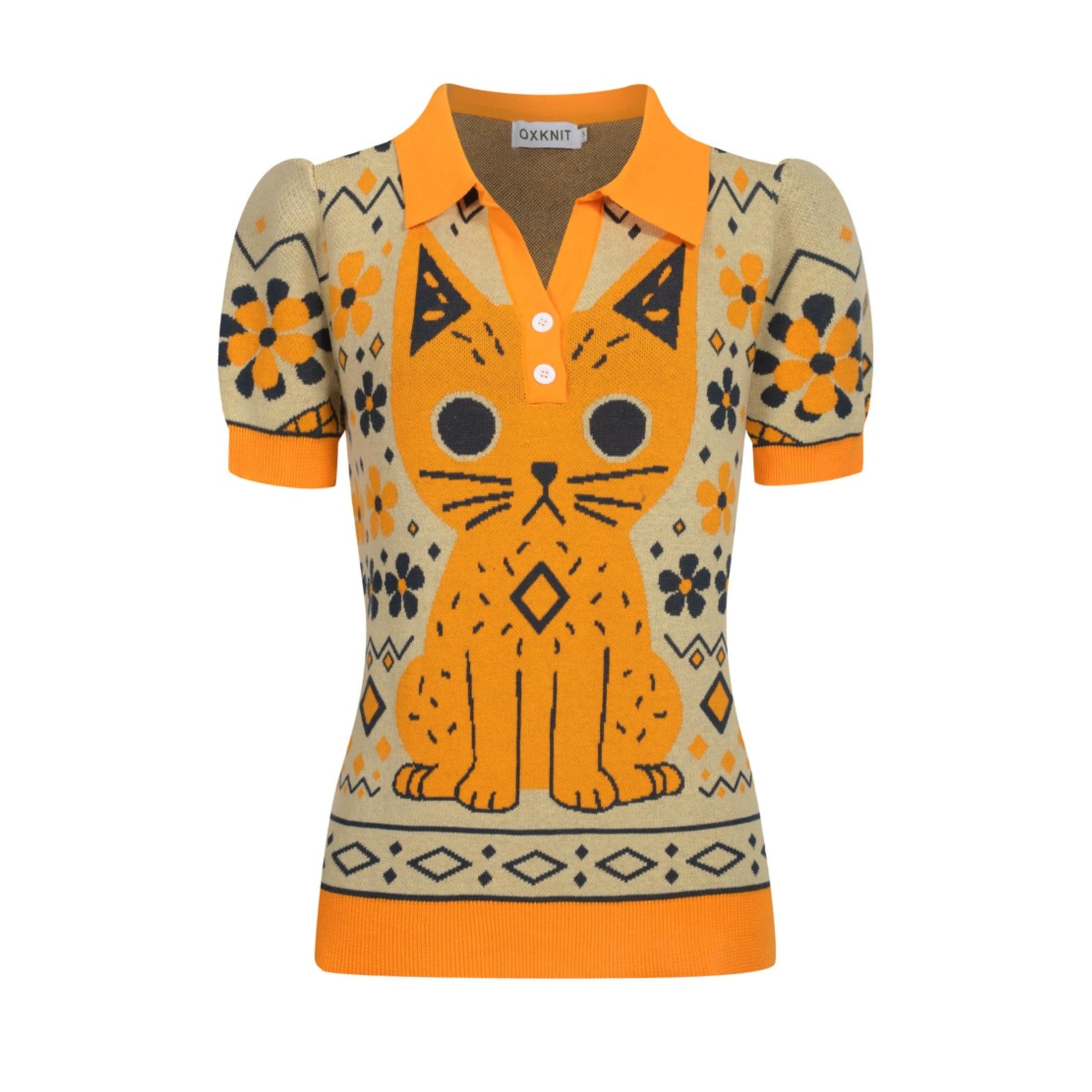 OXKNIT Poloshirt Damen Gelb Vintage Cat Jacquard Baumwolle Strick Polohemd mit V-Ausschnitt für Casual