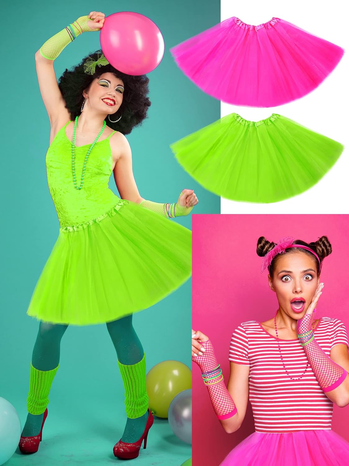 Zhanmai 70 Pieces 80s Outfits for Women 80s Costumes Set Tutu Skirt Necklace Bracelet Earrings Fishnet Gloves Legwarmers - Image 3