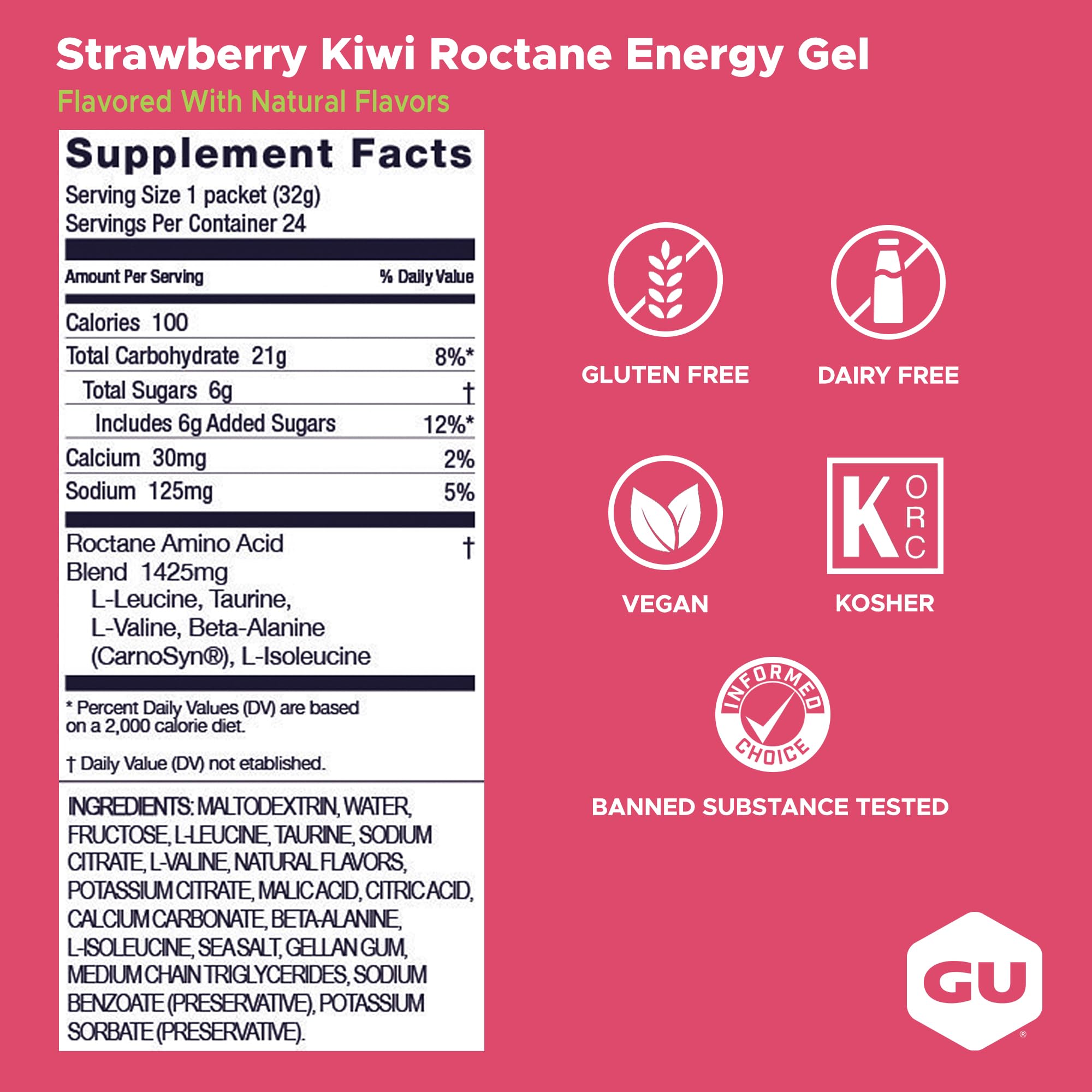 GU Roctane Ultra Endurance Energy Gel, Strawberry Kiwi (Erbeer Kiwi), Box mit 24 x 32 g