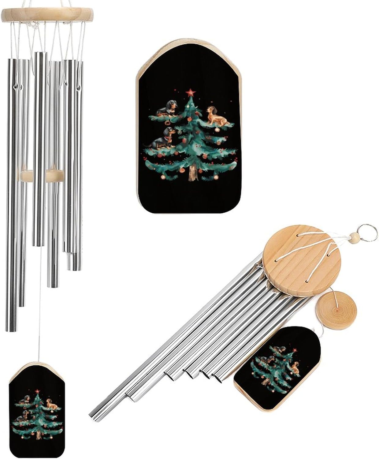 Cute Dachshund Dogs Merry Christmas Wooden Wind Chimes Deep Tone Memorial Windchime for Outside Garden Home Decoration
