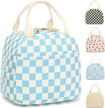 Lunch Bag for Women Men Reusable Insulated Lunch Tote Bag Leakproof Foldable Lunch Box for Picnic Work Travel Food Storage Bag Girls Boys Cute Corduroy Lunch Cooler Checkered Blue