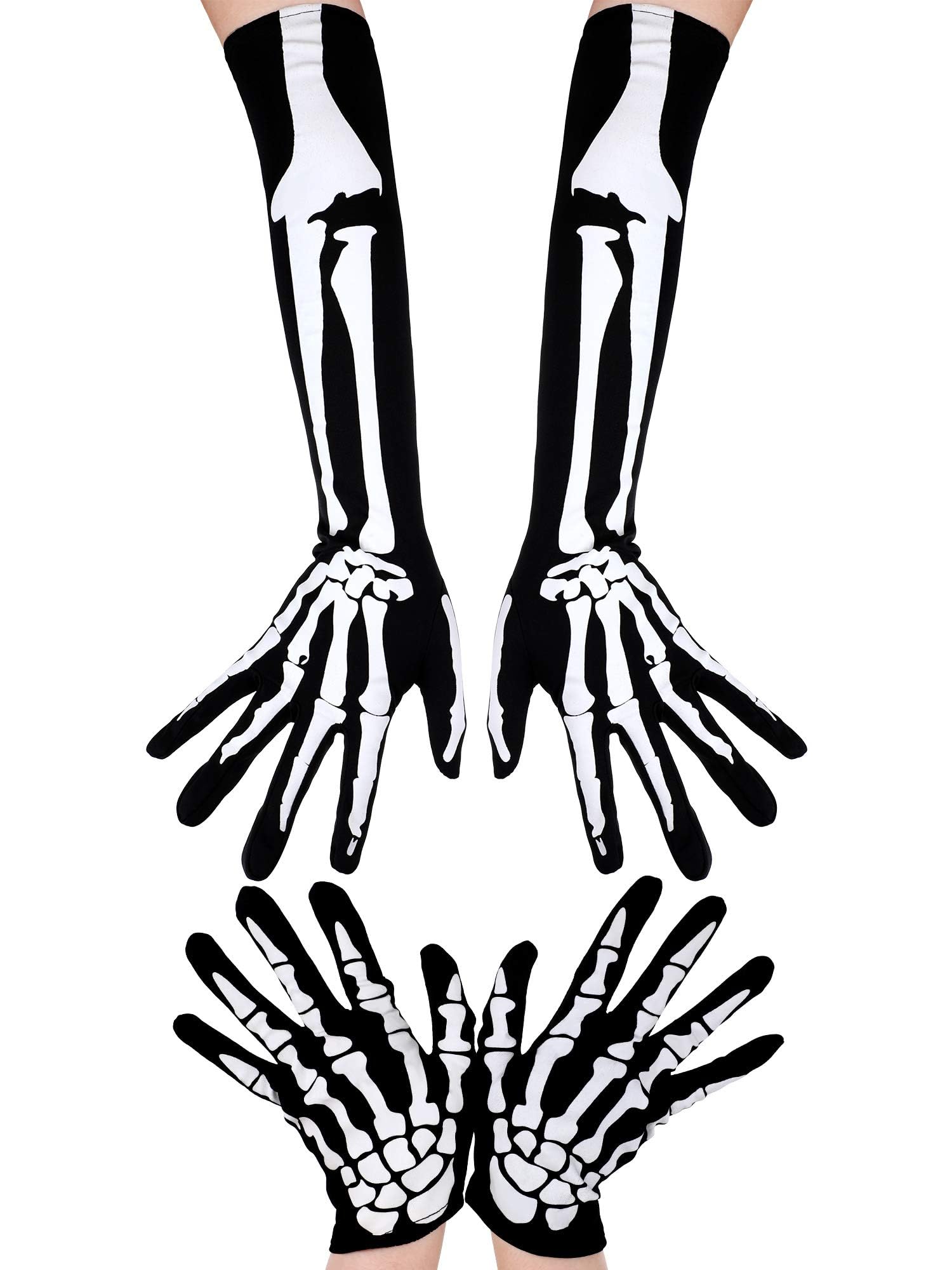 2 Pairs Halloween Skeleton Gloves Long Short Skull Claw Ghost Bone Gloves for Halloween Cosplay Party Props