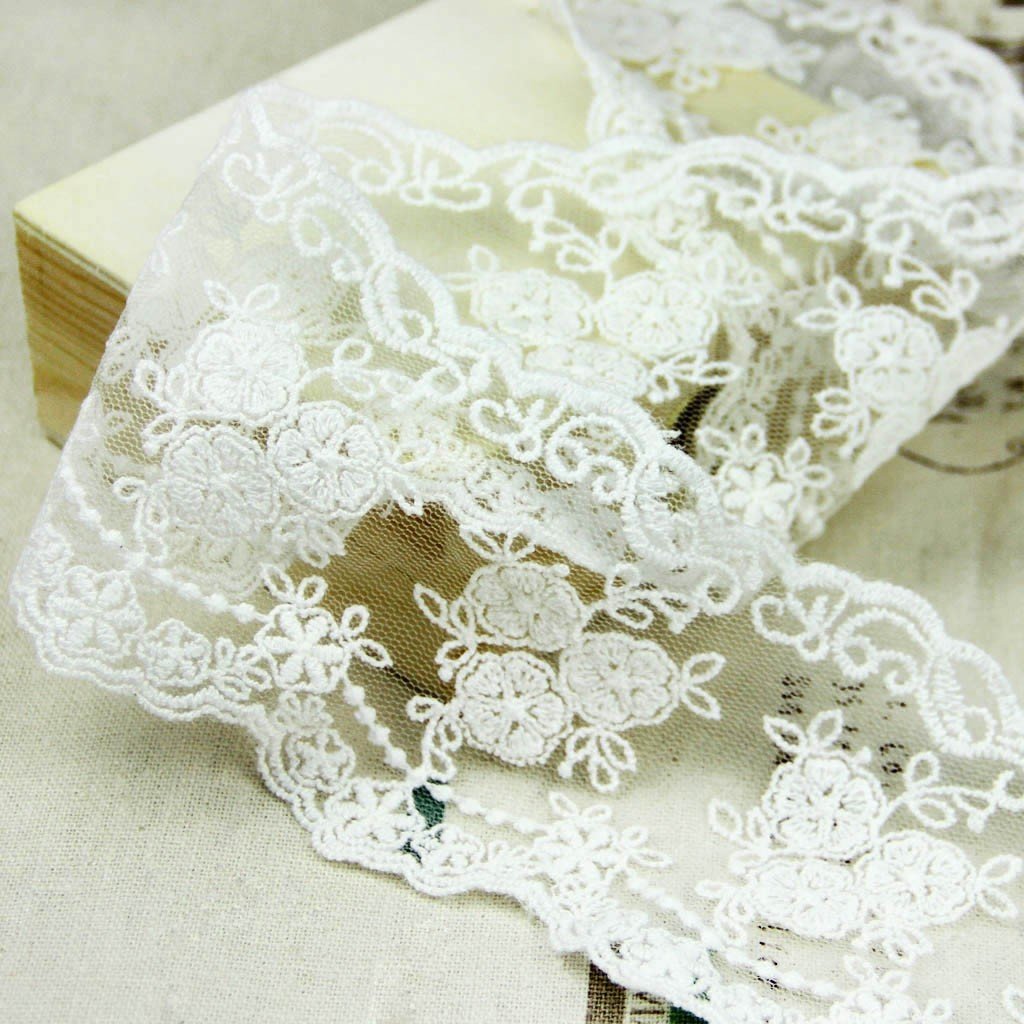 Wholeport 3.5" White Lace Trim Cotton Embroidery Flower Soft Gauze Wedding Fabric By the Yard