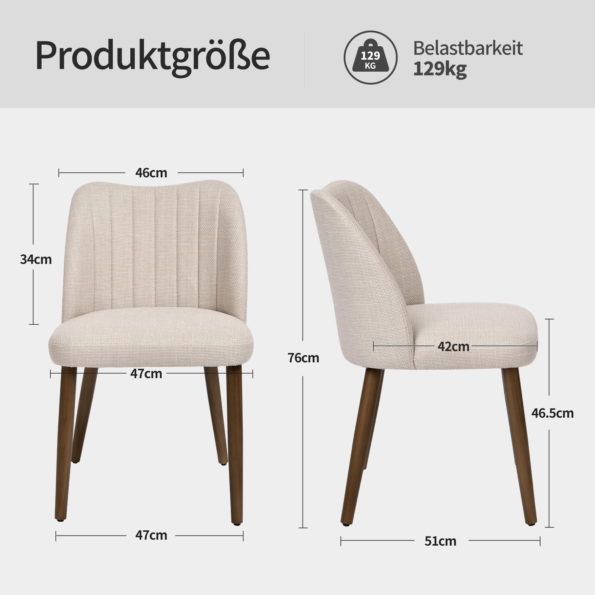 Duhome Esszimmerstuhl 2er Set Leinenstuhl Gepolstert mit Holzbeinen Modern Küchenstuhl für Esszimmer Wohnzimmer Küche, Beige