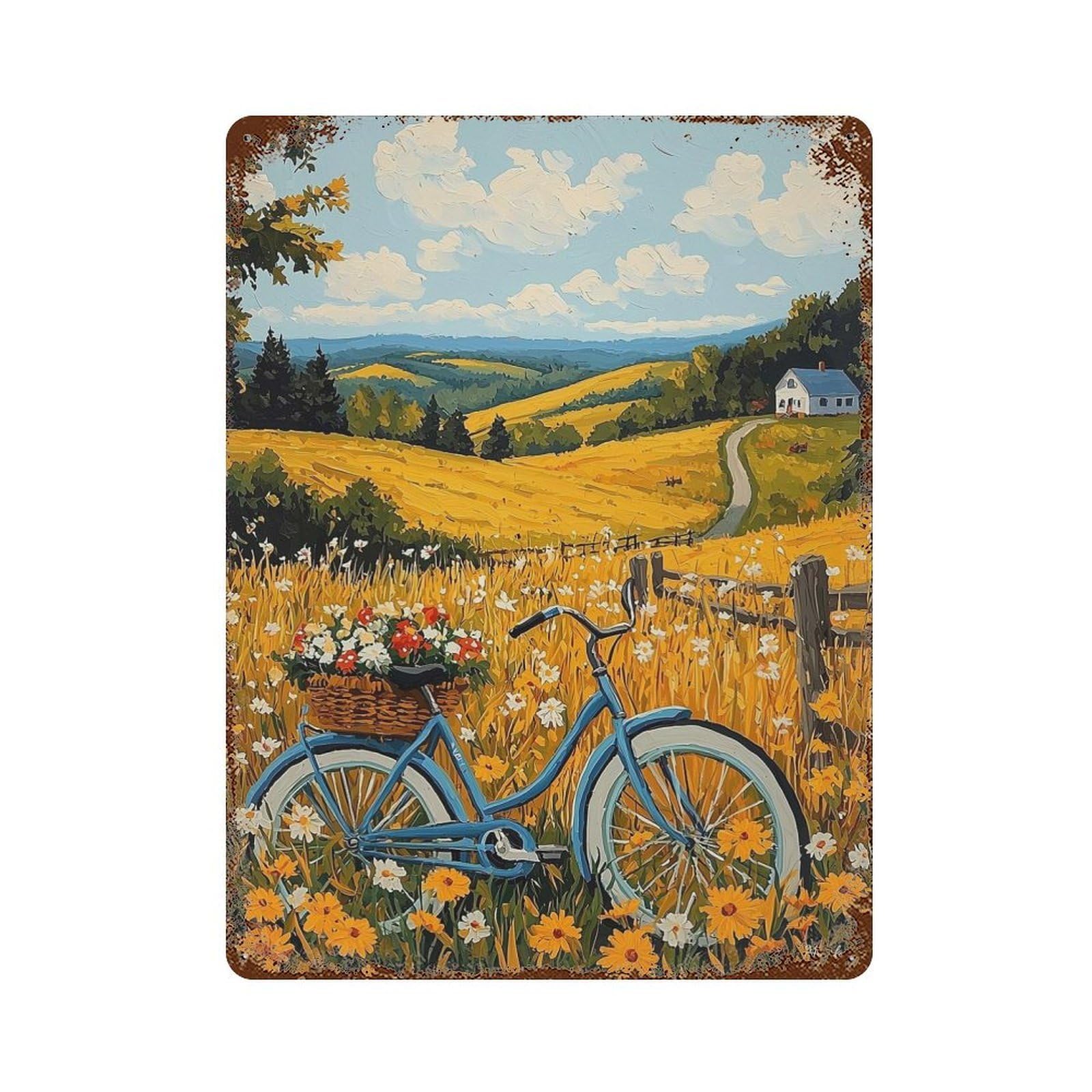 Golden Countryside Escape – Naïf Rural Bicycle Art Rust Effect Tin Sign 15.7"x11.8", Industrial Home Decor for Garage, Bar And Workshop Decor