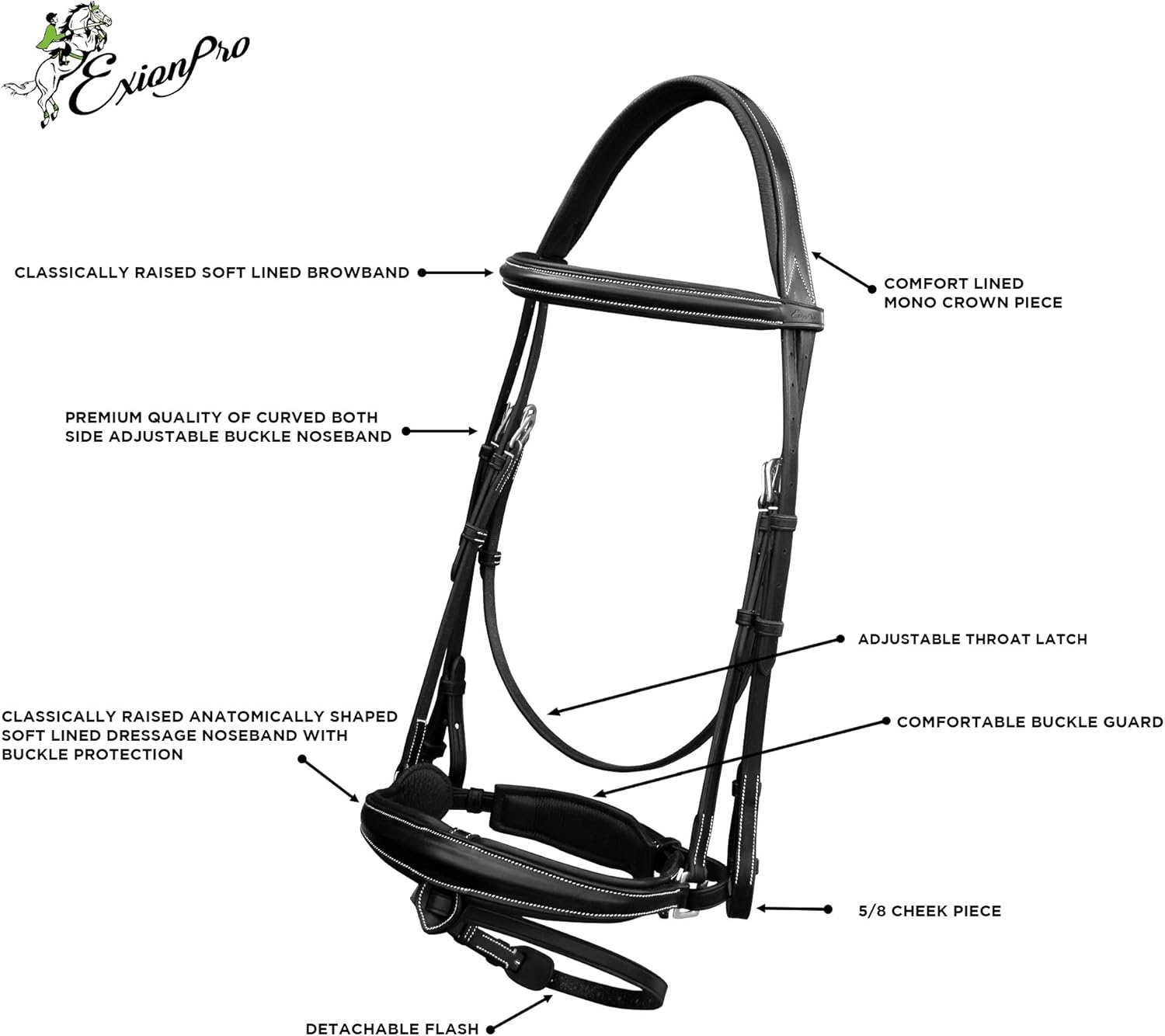 Exion Dressage Bridle with Mono Crown & Detachable Flash | Anatomical Crank Noseband, Raised Padded Browband, Calfskin-Lined Leather Dressage Bridle with Web Reins for Horses