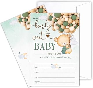 Baby Shower Invitations For Kids, Green Bear Balloon Invites For Babyshower, Balloon Bear Fill-In Invites For Gender Reveal Party, Baby Shower Decorations Supplies Favors, 20 Cards With Envelopes -06