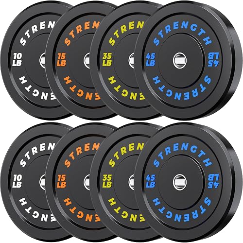 Rendpas 2-Inch Olympic Bumper Plates, 100% Virgin Rubber Low Bounce Barbell Weight for Home Gym Strength Training, 10lb-45lb Black with Color-Coded