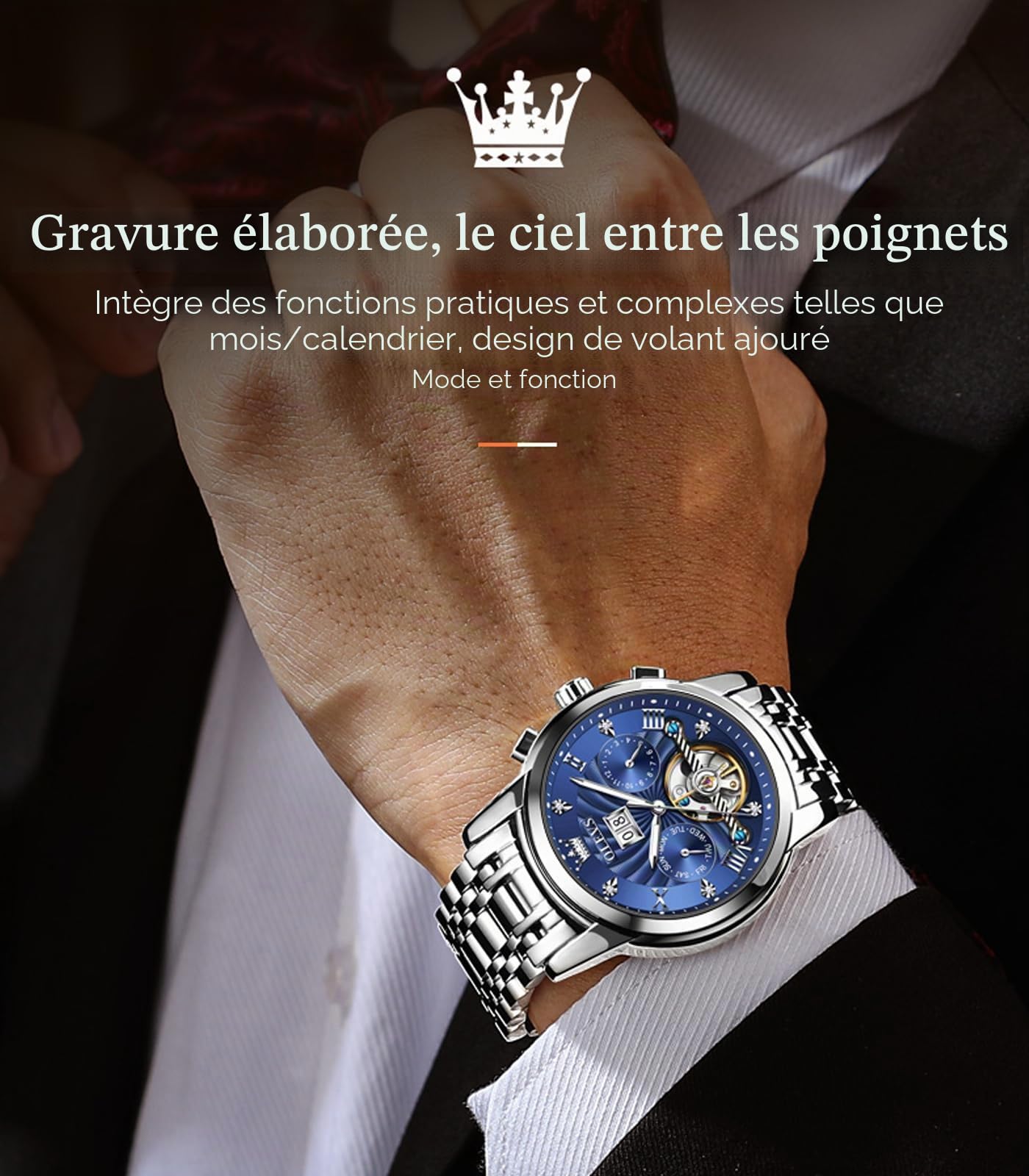 OLEVS Montre Automatique pour Homme - Mécanique Squelette à remontage Automatique - Montre de Luxe - Phase de Lune - Lumineuse - Jour - Date - Étanche