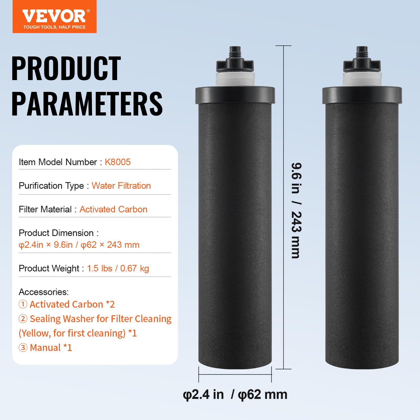 VEVOR Filtres à Eau de Rechange Lot de 2, Purificateur d’Eau Compatible avec la Plupart des Marques, Filtre à Charbon Actif pour Système de Filtration d'Eau par Gravité, Facile à Remplacer, Noir