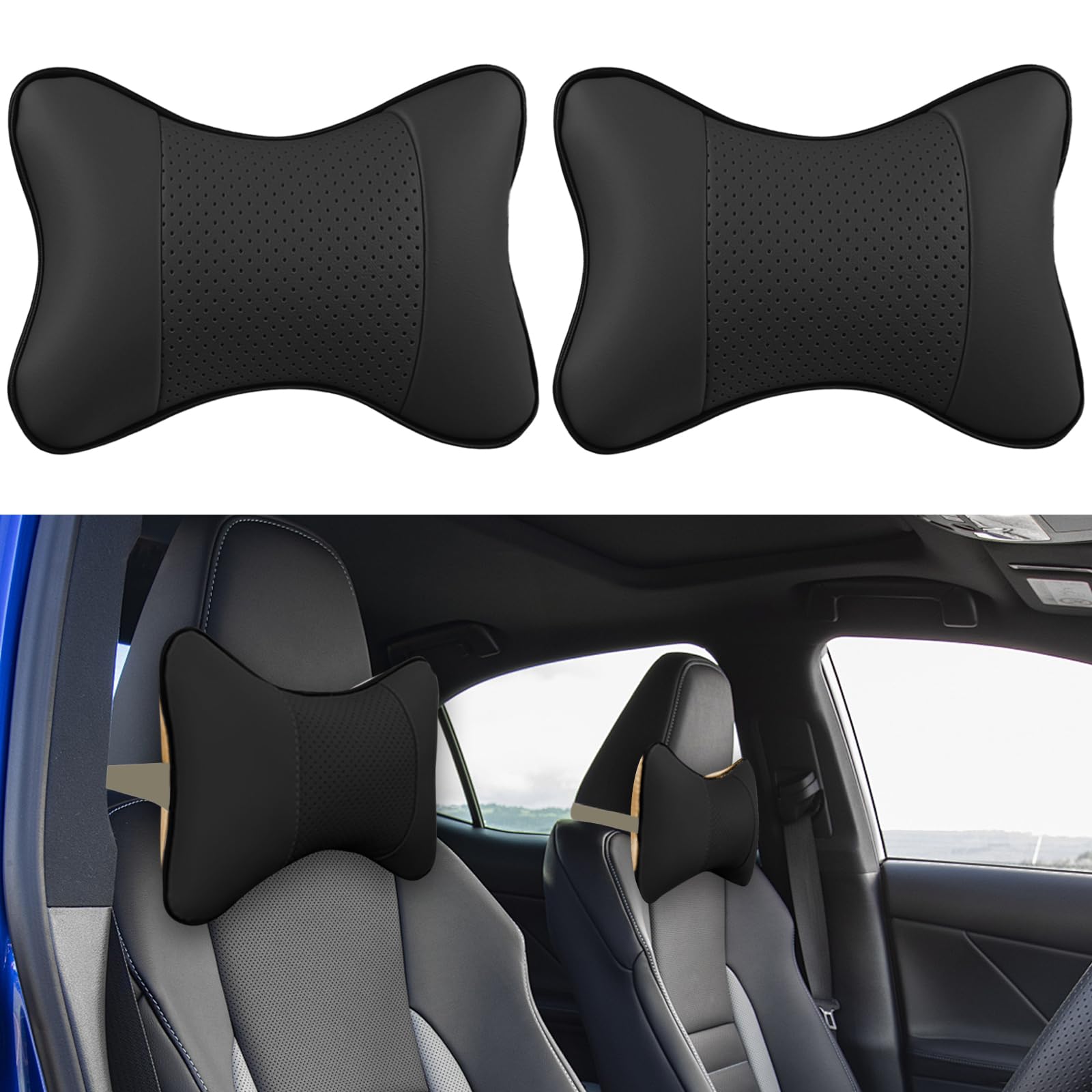 VAGCARS 2PCS Car Headrest Pillows, Neck Support Pillow, Breathable Car Pillow, Leather Car Seat Headrest Cushion with Removable Cover, Universal Neck Pillows for Driving Traveling (Black)