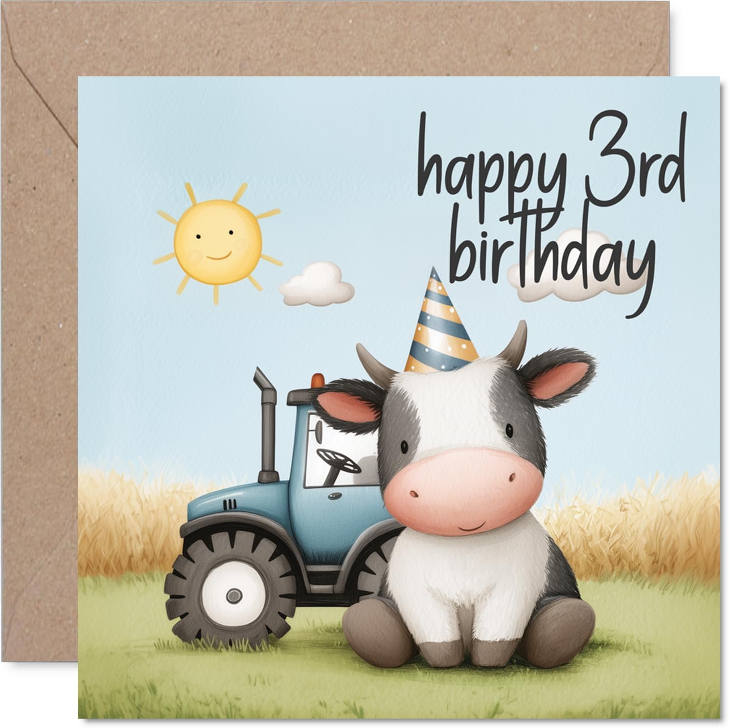 Stuff4 Cute 3rd Birthday Card - Bursting with Birthday Cheer - Adorable Cow in a Party Hat and Blue Tractor on a Sunny Farm - 5.7 Inch Square, Envelope Included