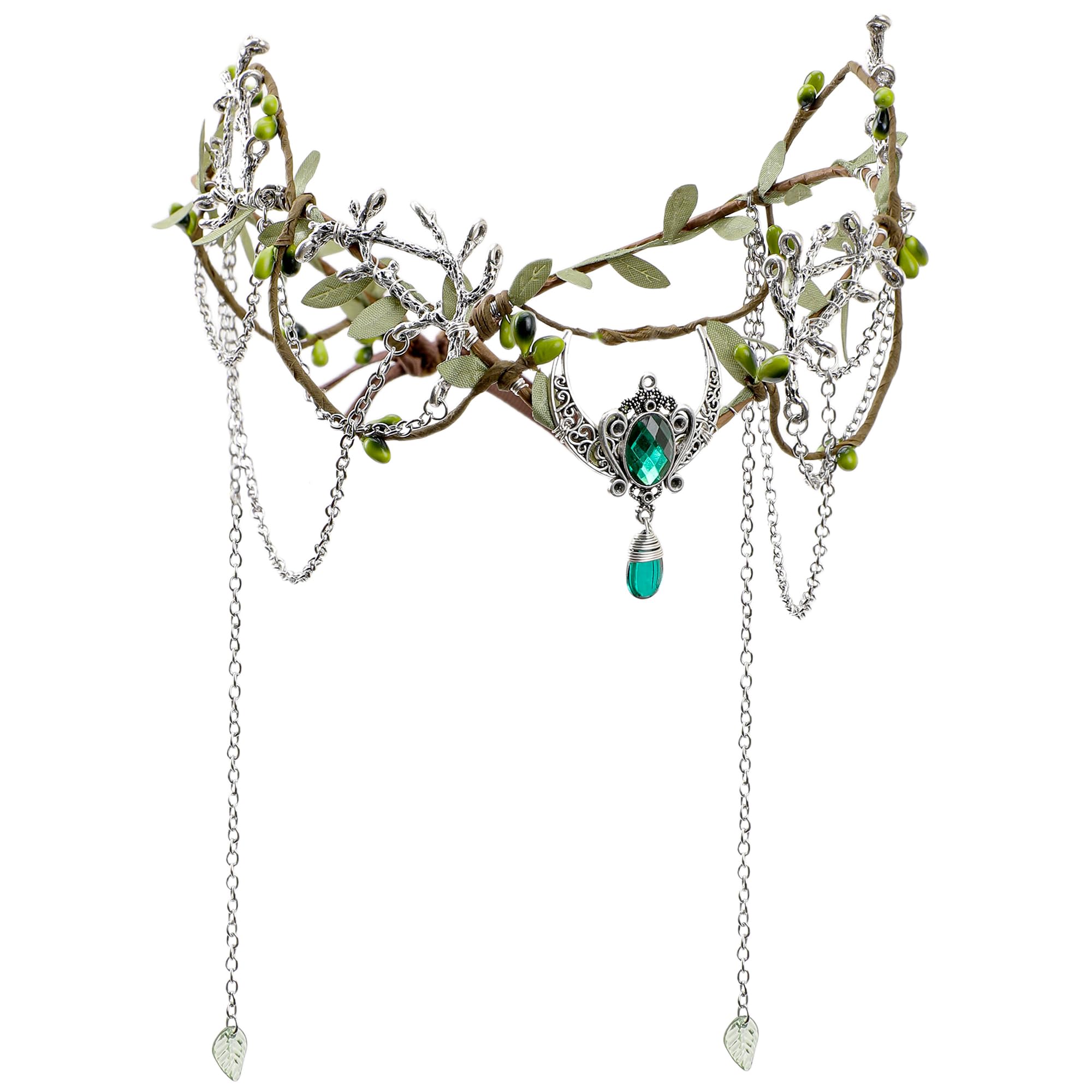 MOSTORY Woodland Elf Crown for Women - Medieval Elf Headpiece with Tassel for Renaissance Renfaire Fae Cosplay Viking Outfit, Green-silver, Adjustable