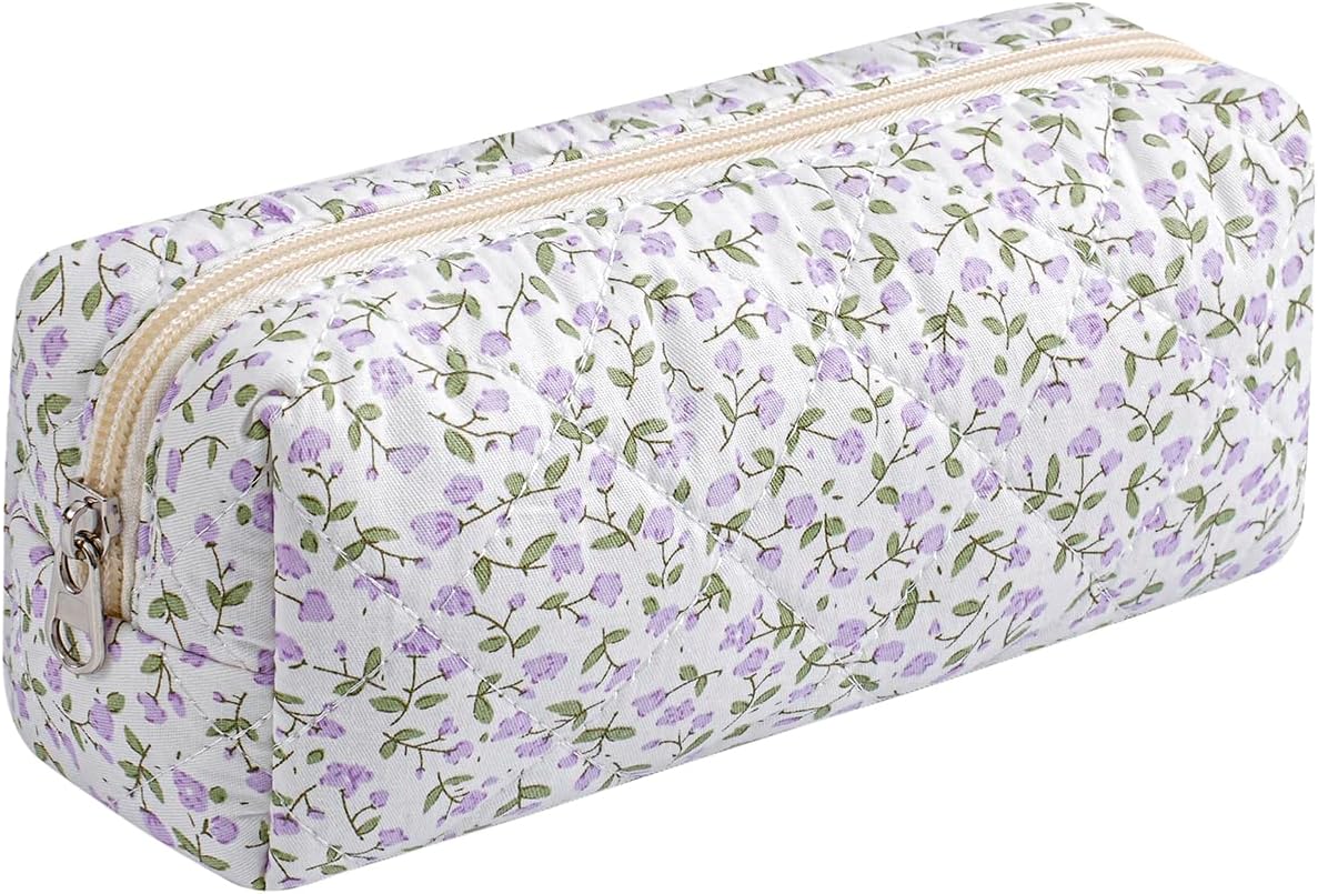 Cute Floral Makeup Brush Bag Small Cotton Quilted Cosmetic Bag for Women Travel Toiletry Zipper Make Up Pouch (Purple Floral)