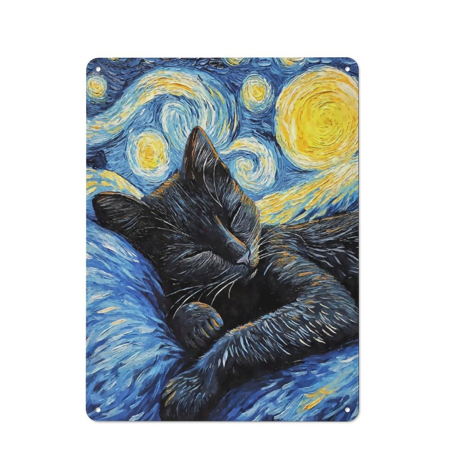 Junmoney Black Cat Sleeping Night Rustic Tin Sign 40X30cm For Living Room Or Hallway, Suited To Living Room Decor Lovers
