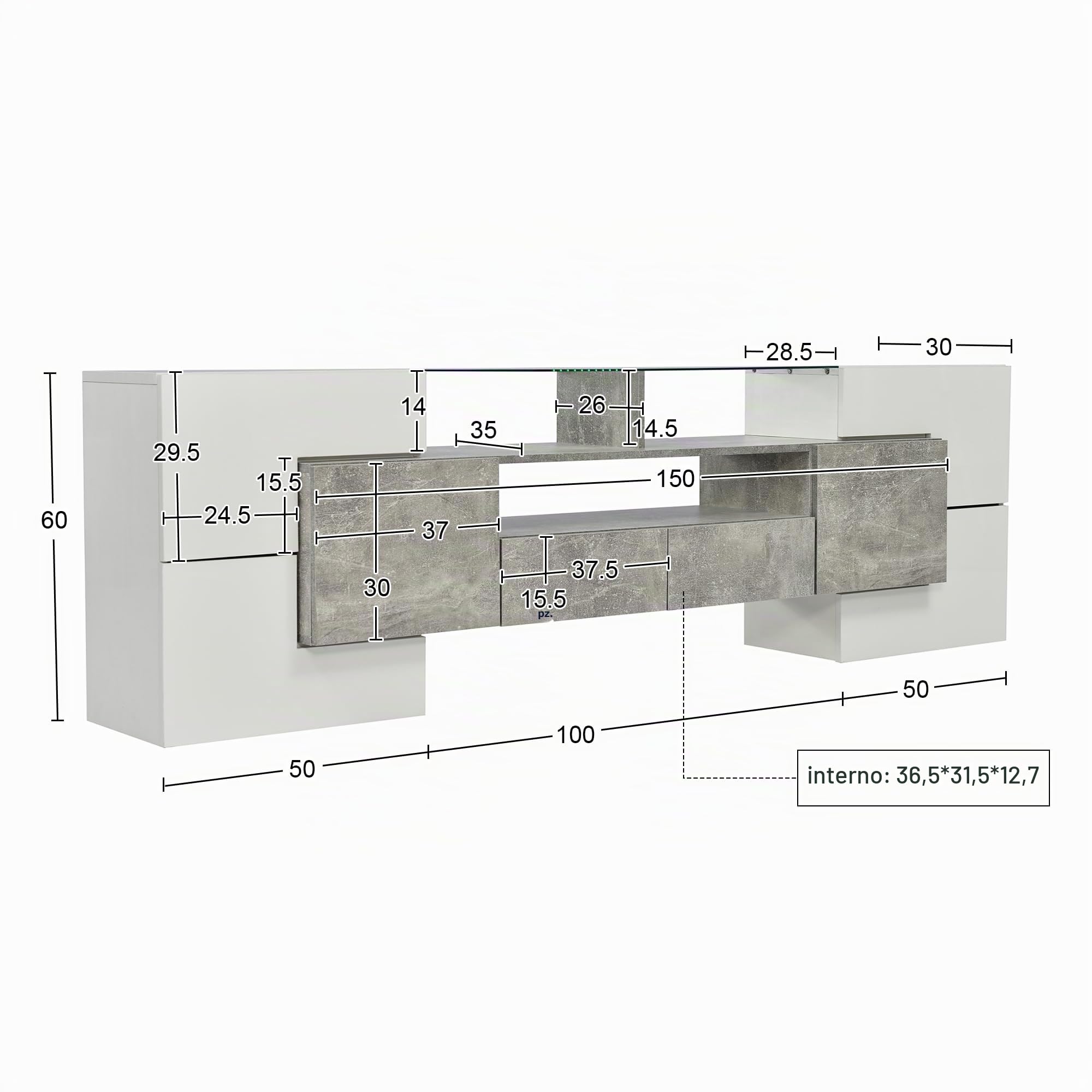 Lowboard per TV moderna, larghezza 200 cm, bianco lucido e grigio, con illuminazione LED RGB, 6 ante e 2 cassetti, armadio multimediale per soggiorno (grigio + MDF + 60-69 pollici)