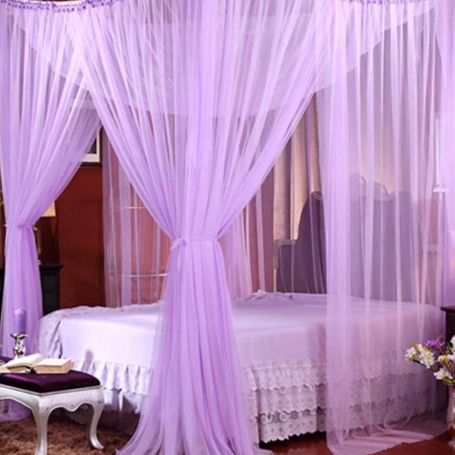 4 Corner Bed Post Bed Canopy Curtains Purple Bed Canopy Net, Breathable Mesh Away from Mosquitoes Design Bed Canopy Net