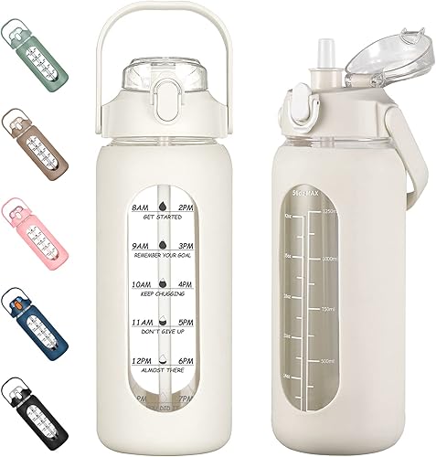 Kytffu Botellas de agua de vidrio de 42 onzas  56 onzas  64 onzas con popote botella de vidrio motivacional con funda de silicona y marcador de