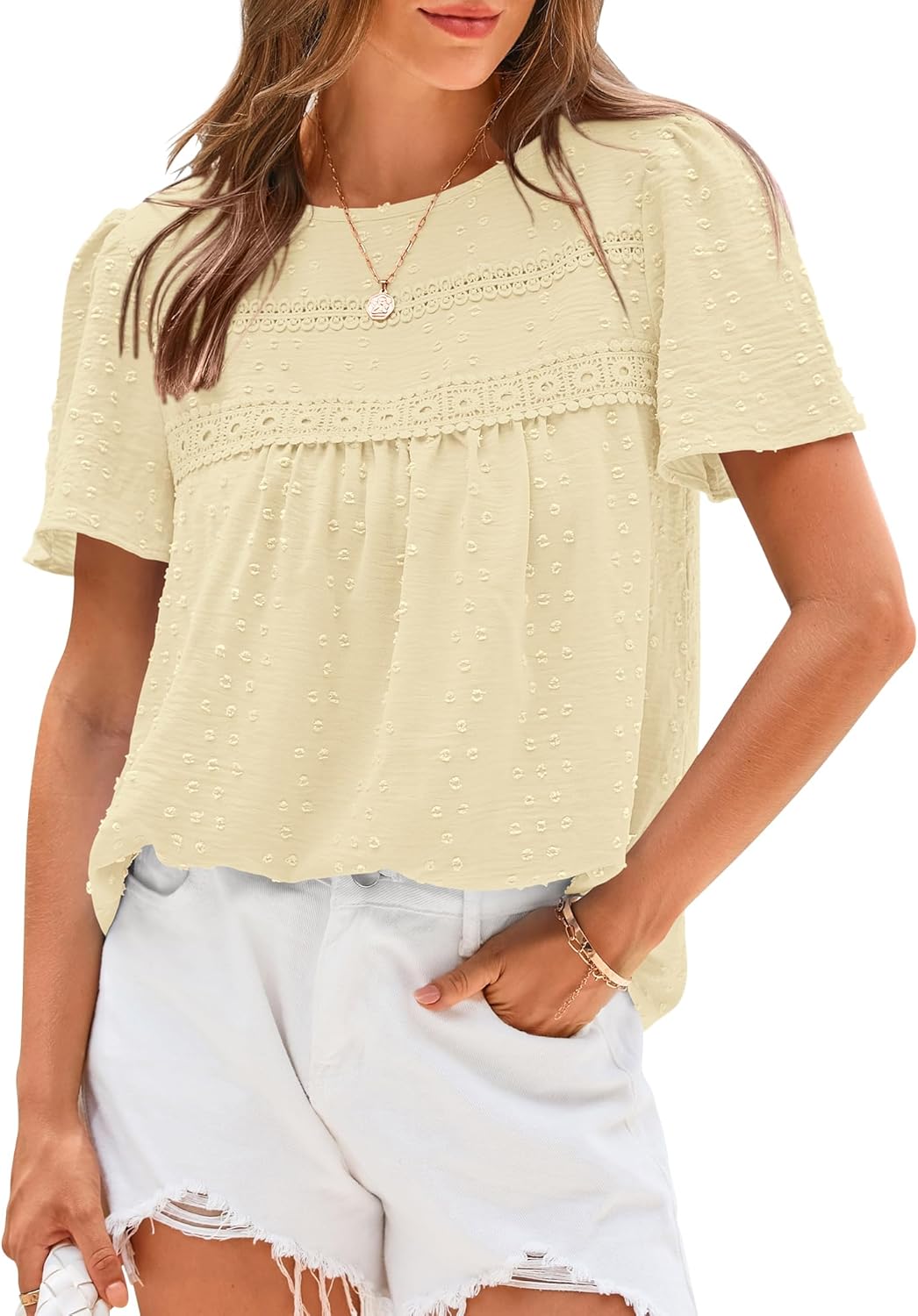 BTFBM Women's 2026 Summer Tops Swiss Dot Lace Crochet Crewneck Short Sleeve Casual Cute Shirts Boho Blouses