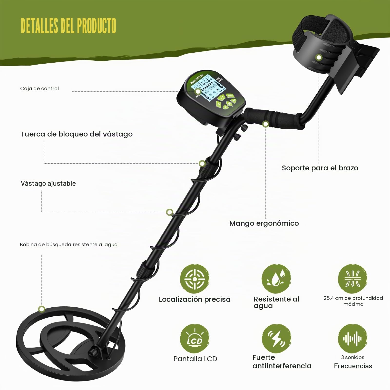 Detector de Metales Profesional para Adultos y Niños, Longitud Ajustable (113-141 cm), Set de Detector de Metales con Bobina de Búsqueda Resistente al Agua IP68 (Verde)