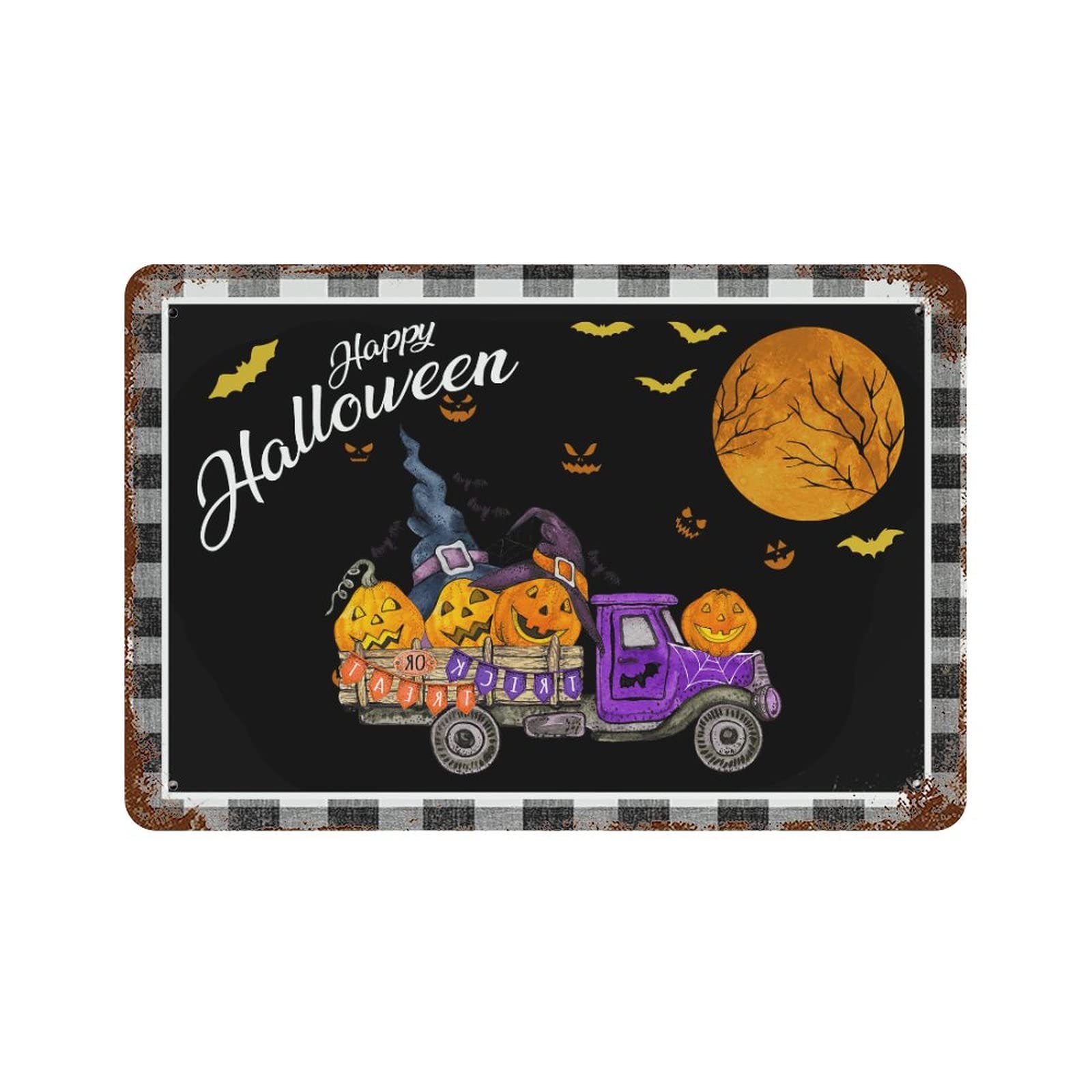 Panneau Halloween en métal 30x45 cm avec nain et citrouilles pour déco de jardin extérieur