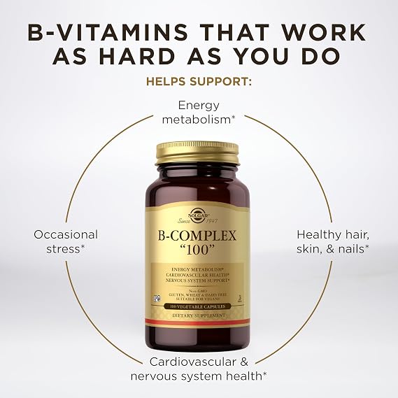 Solgar B-Complex 100, 100 Vegetable Capsules - Nervous System Support - Supports Energy Metabolism - Non-GMO, Vegan, Gluten Free, Dairy Free, Kosher - 100 Servings