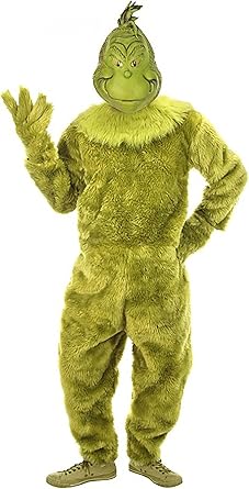 Deluxe Adult Grinch Costume | Men's Dr. Seuss The Grinch Green Jumpsuit with Latex Full Mask, Collar & Elongated Gloves