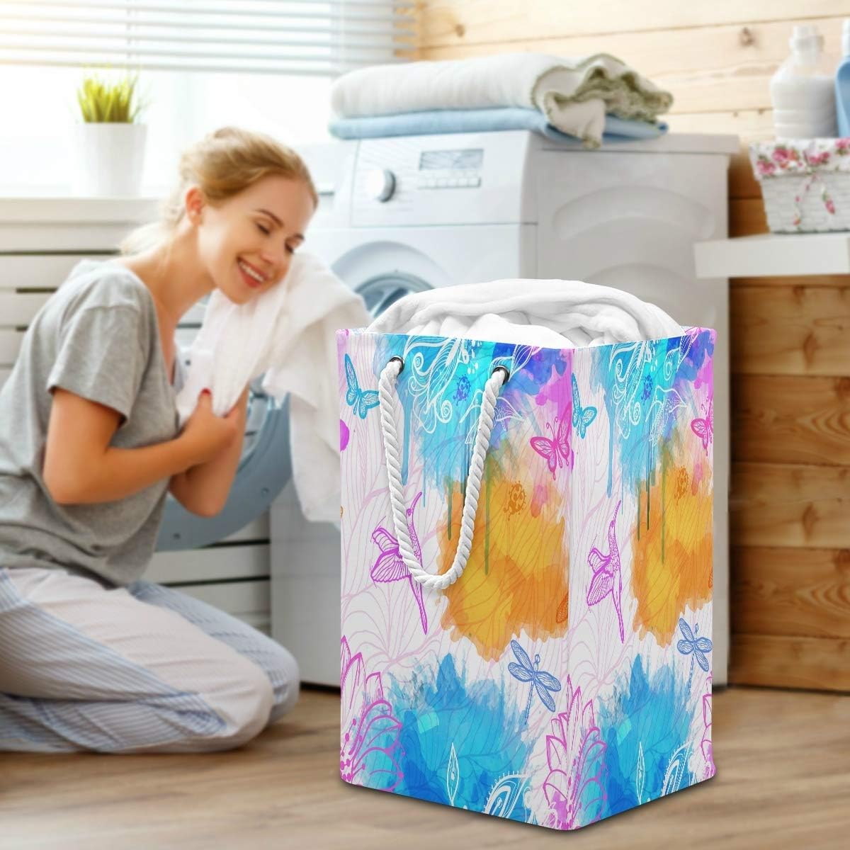 水彩かわいい鳥ランドリーハンパーバスケット大型折りたたみ式洗濯ビン折りたたみ式収納折りたたみ式衣類バッグランドリールーム用