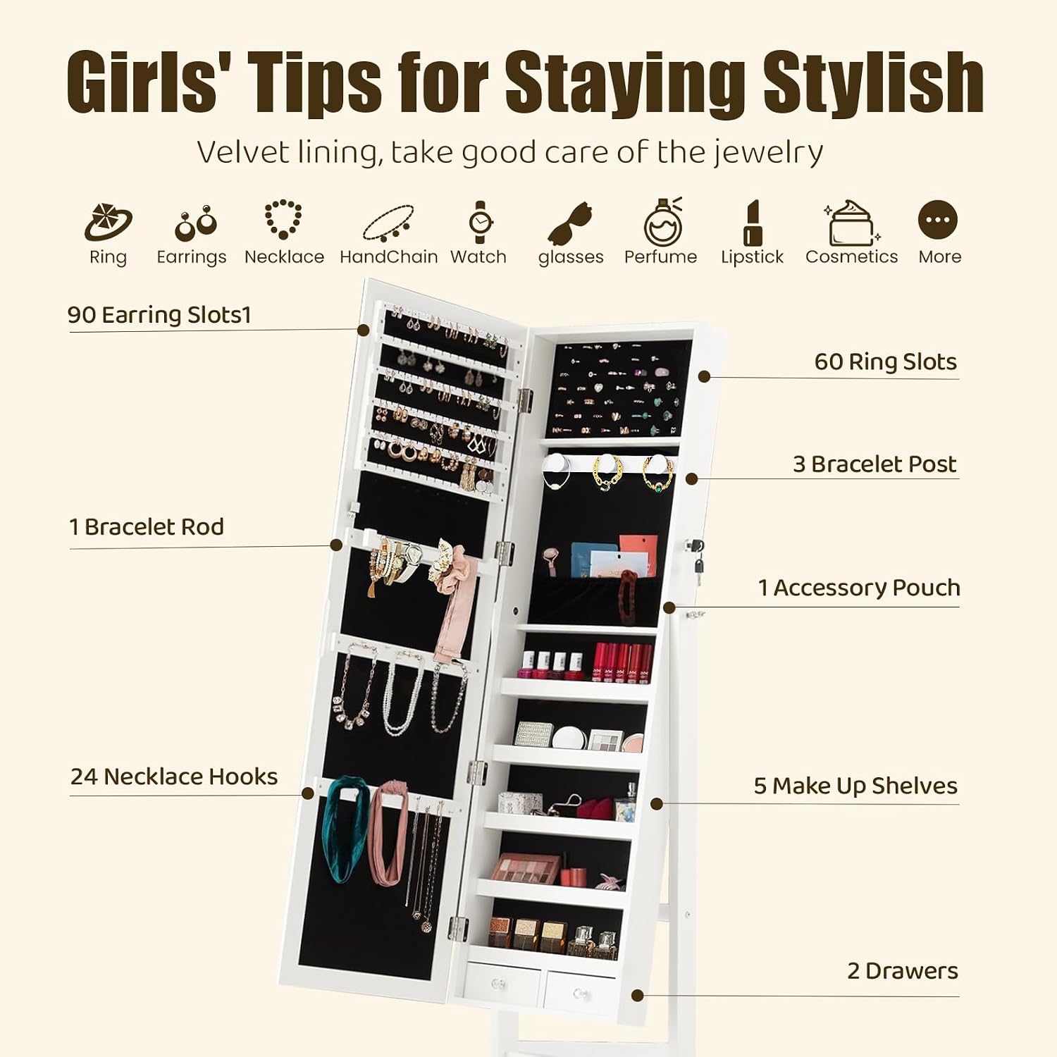 Freestanding Jewelry Armoire Cabinet with Mirror, Full Length Jewelry Organizer Standing Mirror, Tall Lockable Large Capacity Makeup Organizer Storage, 3 Adjustable Angles, White
