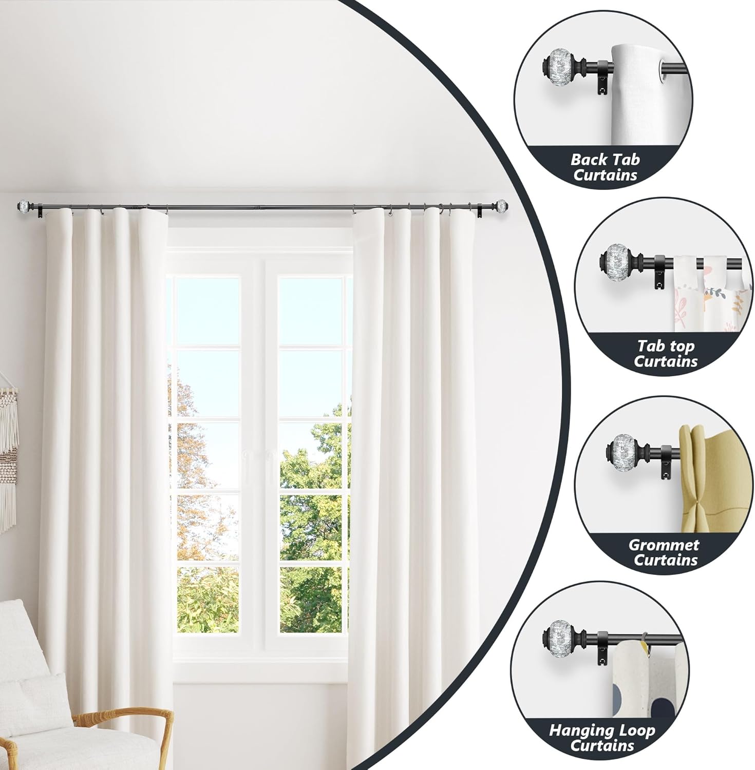 Black Curtain Rods for Windows 48-84 Inch, 6/8 Inch Adjustable Telescoping Drapery Rod with with Translucent Gold Foil Finials, Decorative Single Curtain Rod Set for Bedroom Living Room