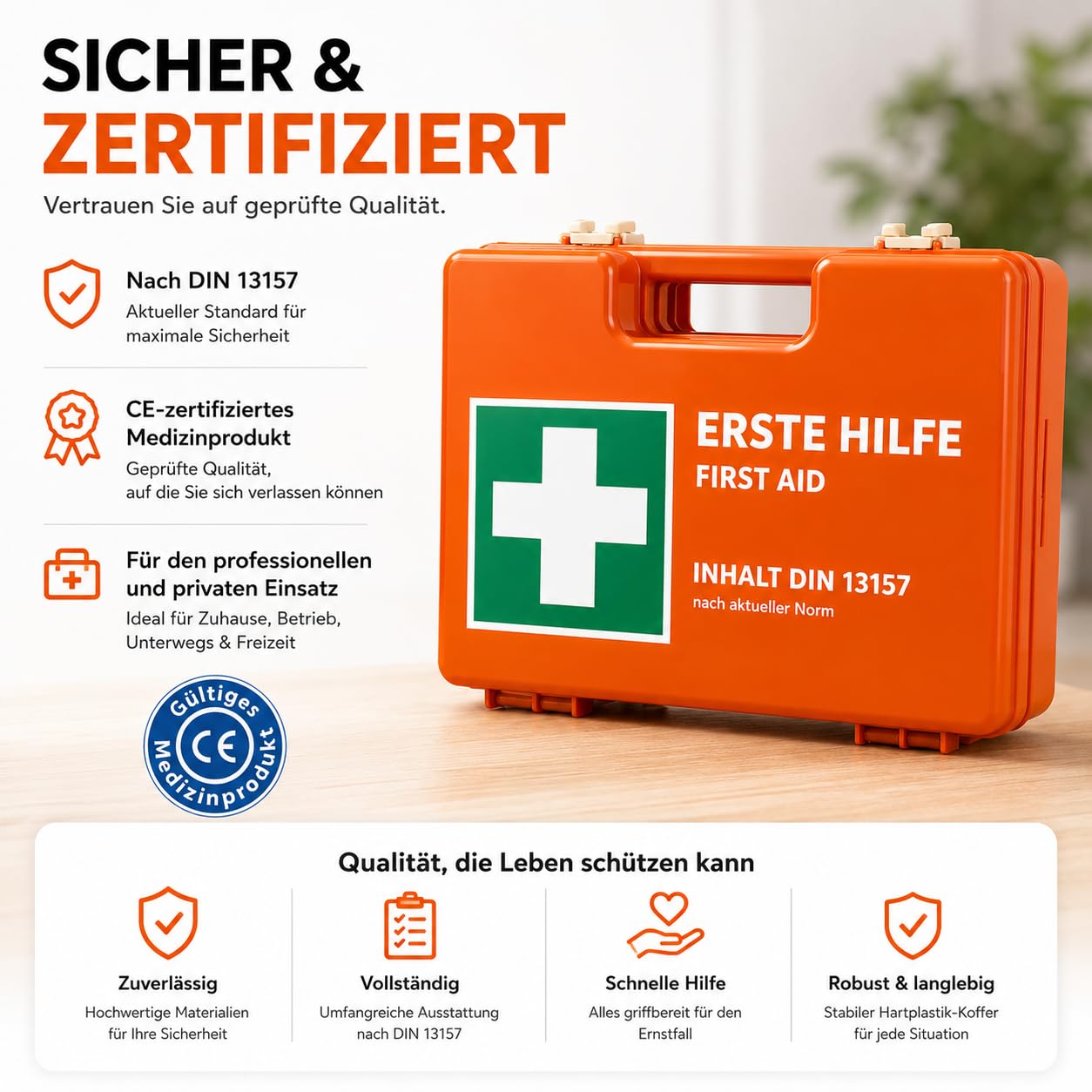 Botiquín de primeros auxilios - Caja DIN 13157 para pared, hogar y empresa - y 5 pegatinas - botiquín de primeros auxilios naranja - incl. montaje en pared