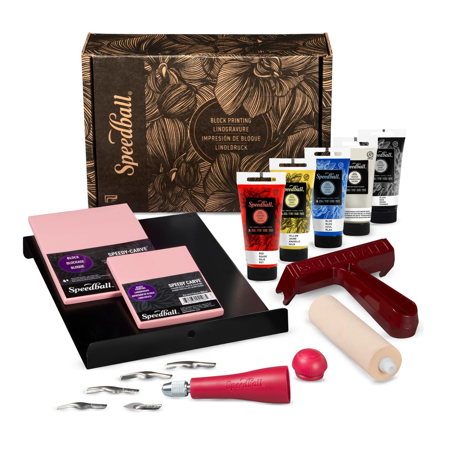 Speedball Deluxe Block Printing Kit - Includes Inks, Brayer, Bench Hook, Lino Handle and Cutters, Speedy-Carve Block, Mounted Linoleum Block (3472)