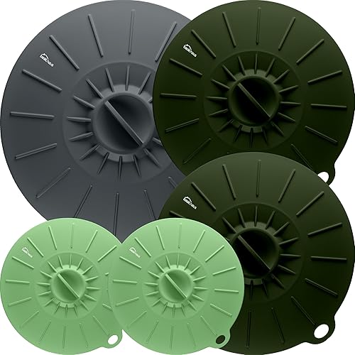 Miniatura 1 de Tapas de silicona para almacenamiento de alimentos, paquete de 5, 3 tamaños, de grado alimenticio, fundas de silicona reutilizables para ollas y