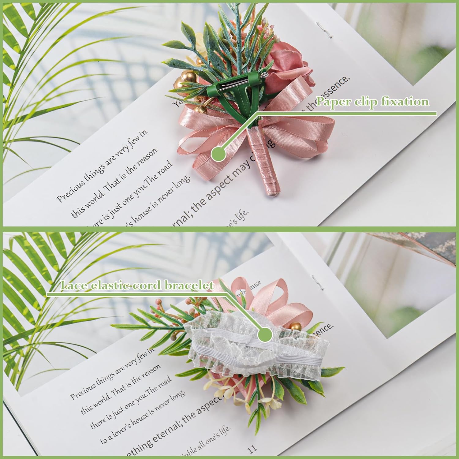 2 Pcs Pink Rose Corsage and Boutonniere Set for Wedding, Artificial Flower Prom Wrist Corsage, Wrist Corsage and Men Boutonniere Set for Prom Suit Decoration Wedding Flower Party Accessories - Image 4