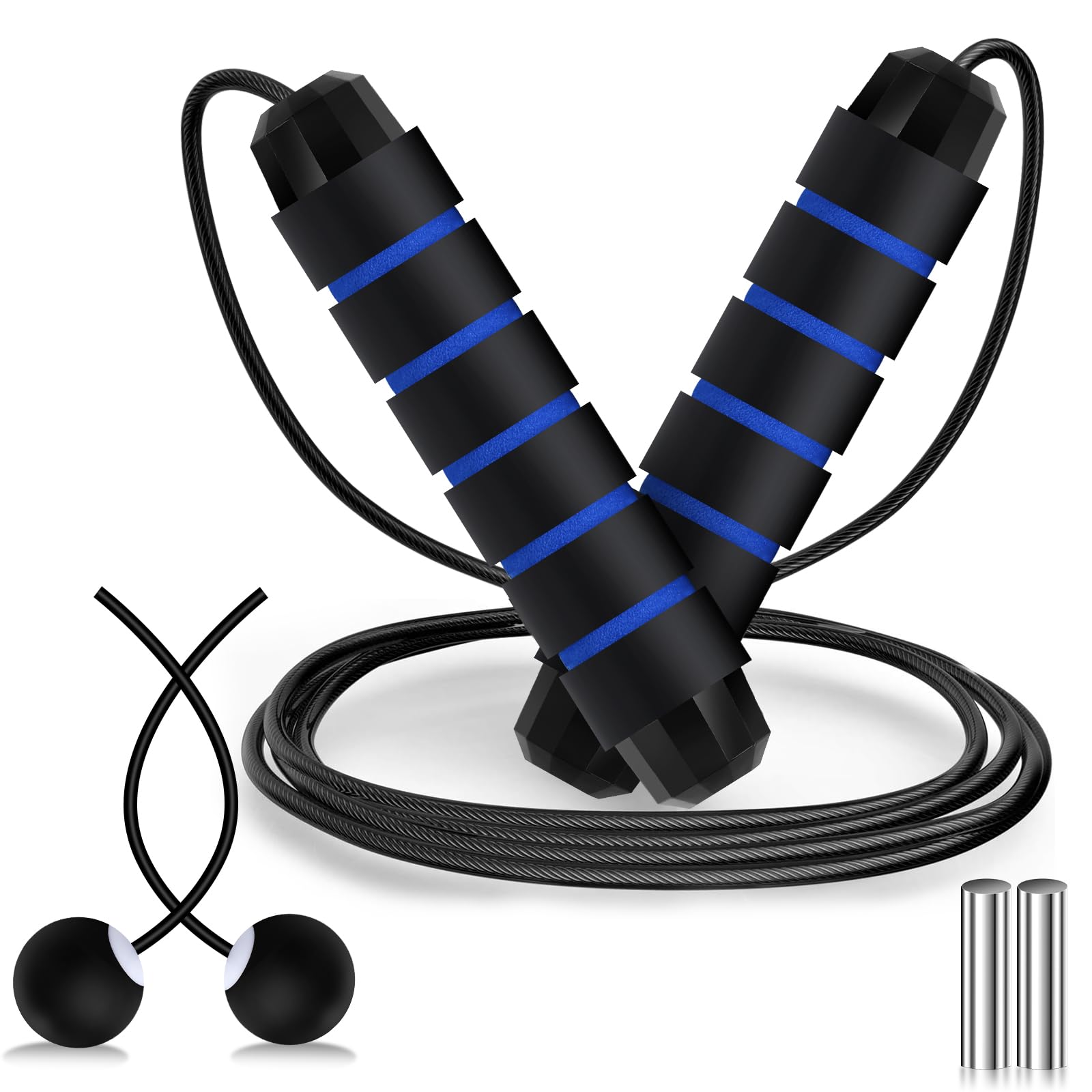 Vinsot Weighted Cordless Jump Rope Ropeless Jump Rope 2 in 1 Adjustable Length Skipping with Ball and Soft Handles for Women Men Adult Fitness Workouts Exercise Training(Blue)