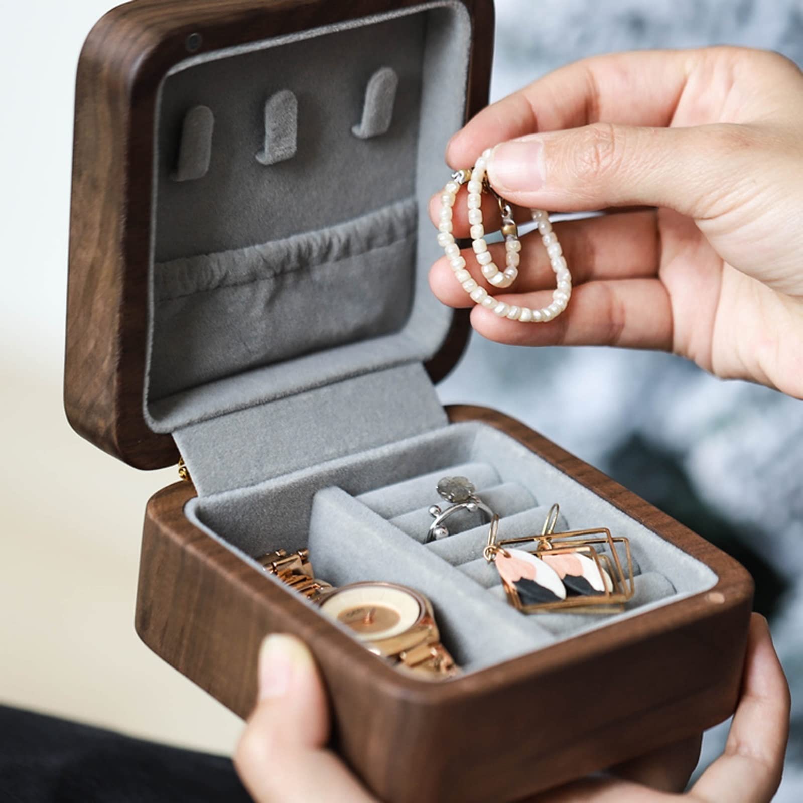 Jewlrey pudełko na biżuterię, etui dla kobiet, solidne drewniane pudełka na biżuterię, organizer, przenośne podróżne etui do przechowywania biżuterii, na naszyjniki, kolczyki, pudełko na