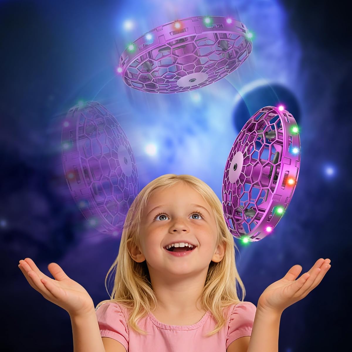 Drone de juguete volador para niños, Sensores de movimiento manos libres de 360° Mini Drone con luces LED frías, Drone de bola voladora de juguete pequeño OVNI para interiores fácil para niños - Rosa