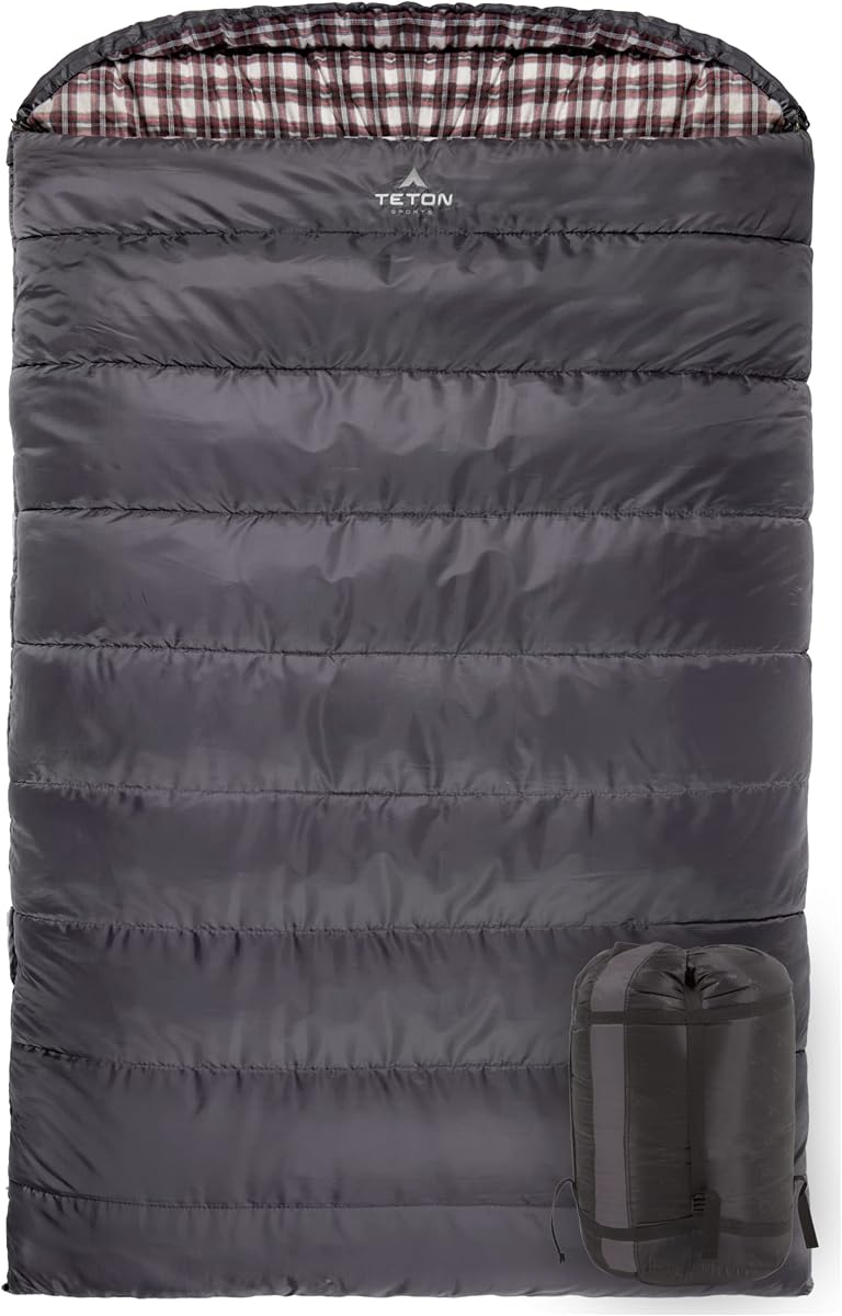 Saco de dormir doble Teton Mammoth tamaño Queen: un saco cálido que toda la familia puede disfrutar, ideal para acampar, cazar y acampar base. Saco de compresión incluido.