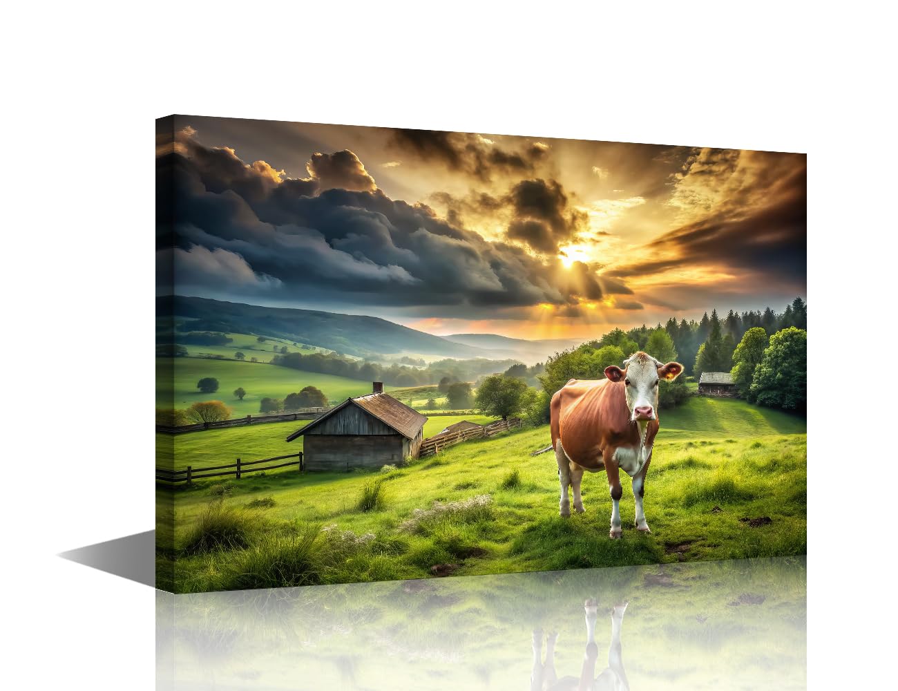 Farm Landscape Wall Art Cow Standing in Foreground Surrounded by Nature Pictures Print on Canvas for Living Room Bedroom Farm Decor Framed Ready to Hang 18" Wx 12" H