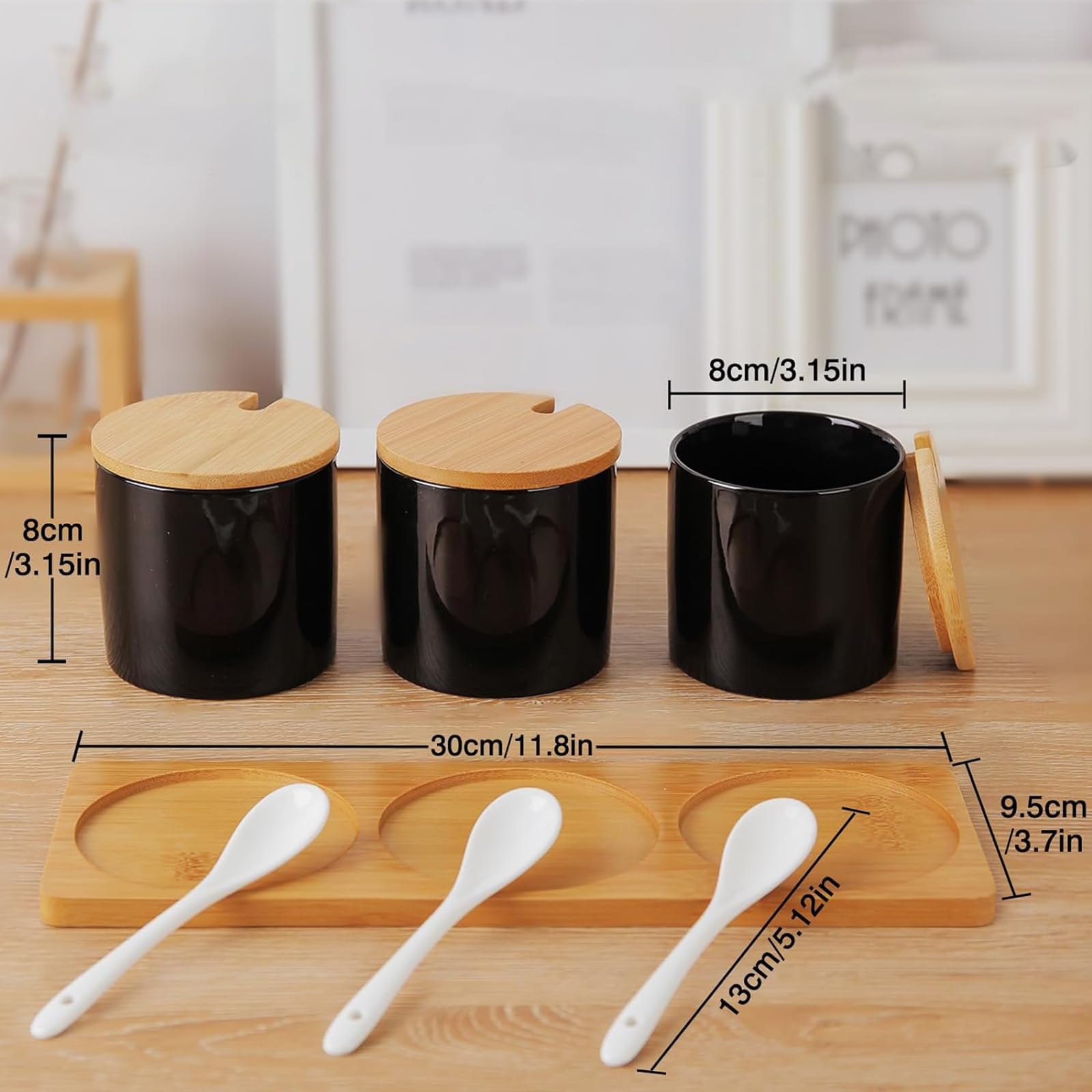 Onepine 260ml Céramique Sucrier Rond Seasoning Containers Pot à épices Sel Spice Jar Condiments Boîte Avec Cuillère Et Couverture De Bambou